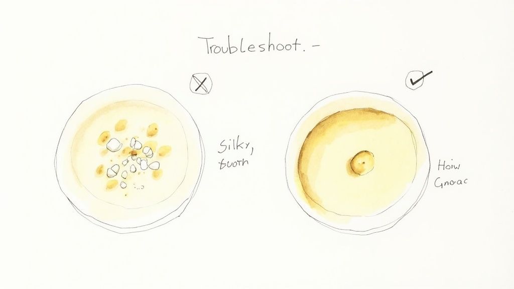 Comparison showing troubleshooting avgolemono soup with silky broth versus chunky curdled texture