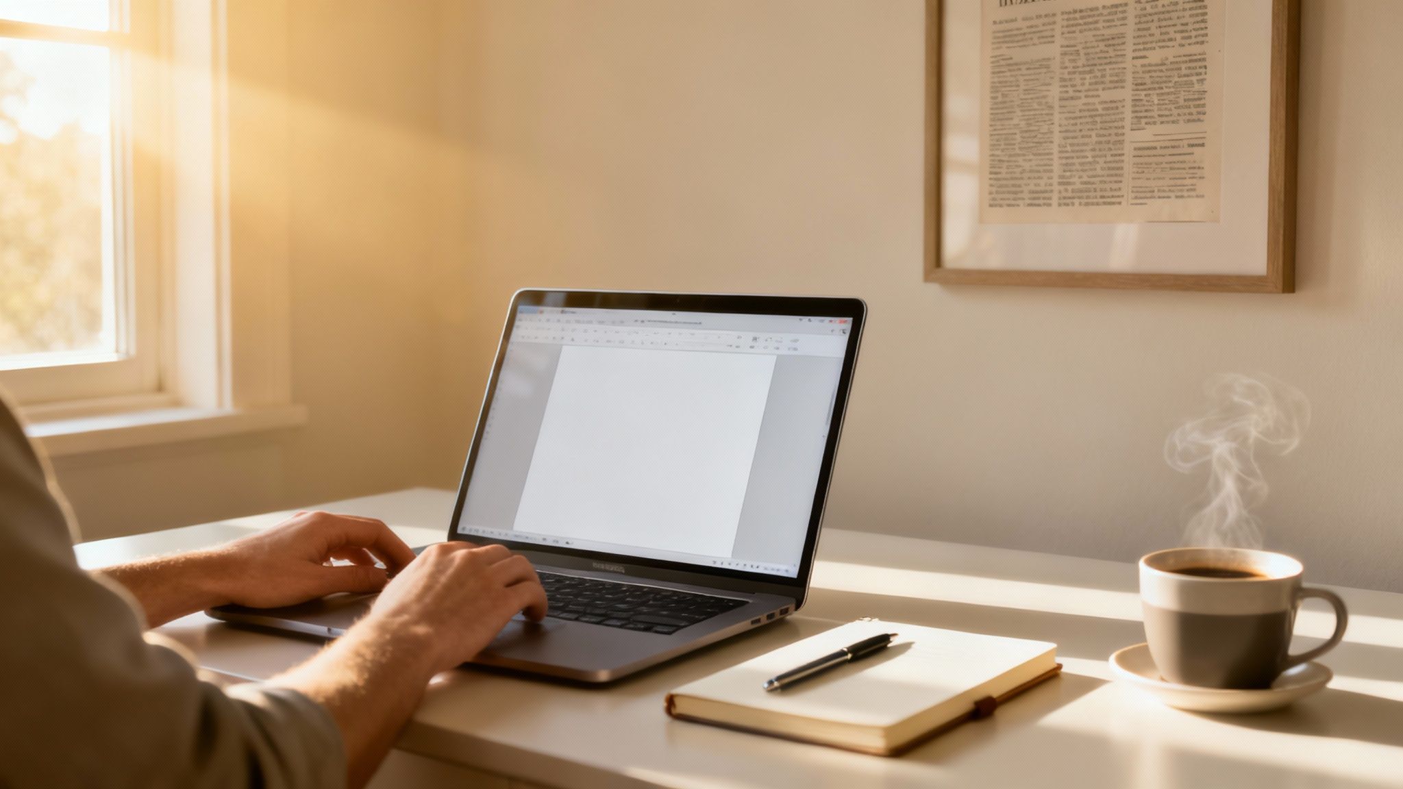 A person typing on a laptop at a sunlit desk with coffee and a notebook.