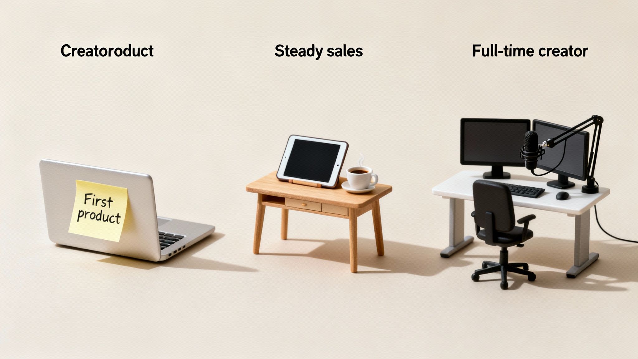 Three desk setups depict a creator's journey from first product to full-time entrepreneur.