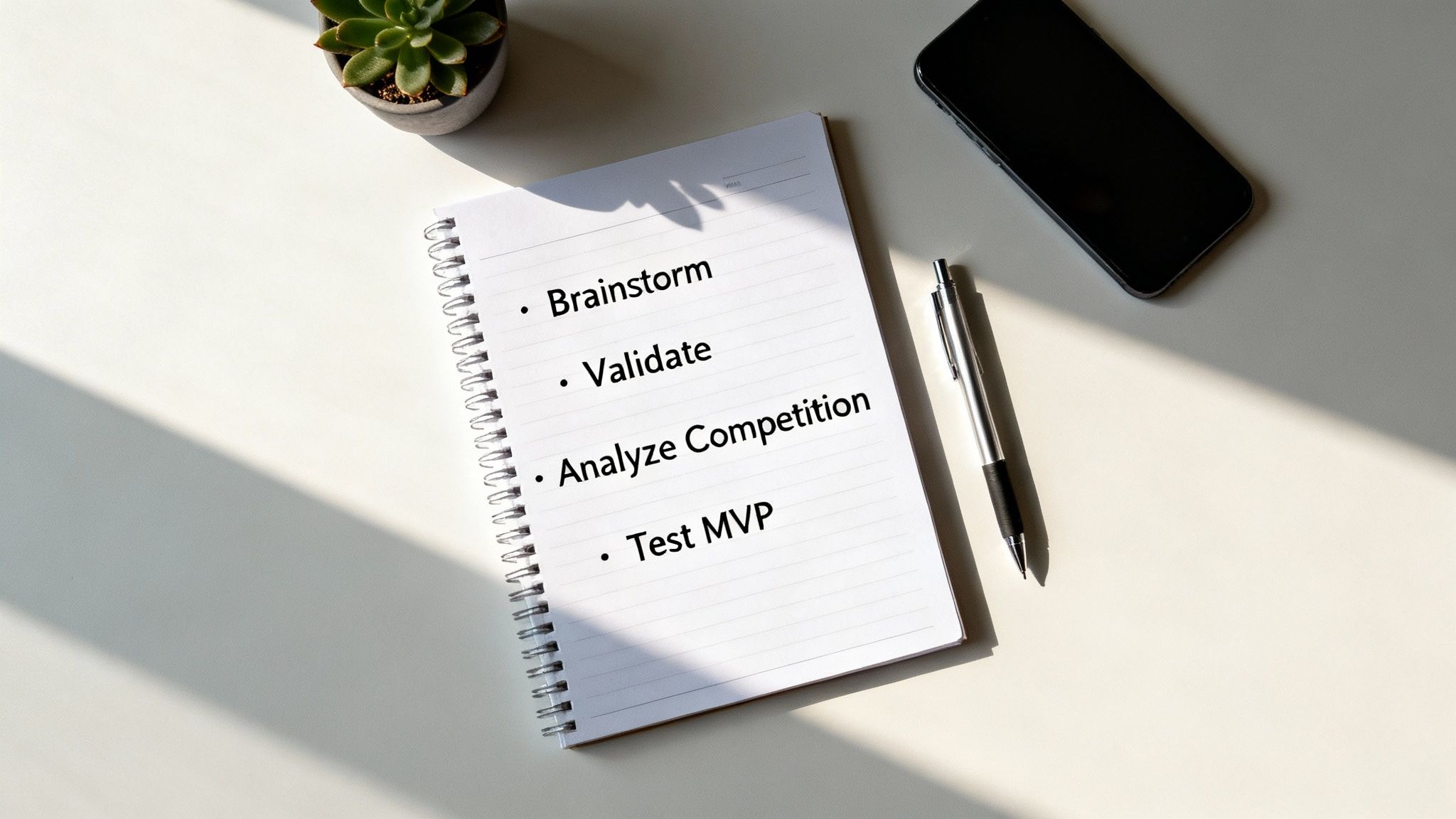 White notebook with bulleted list: Brainstorm, Validate, Analyze Competition, Test MVP, on a bright desk.