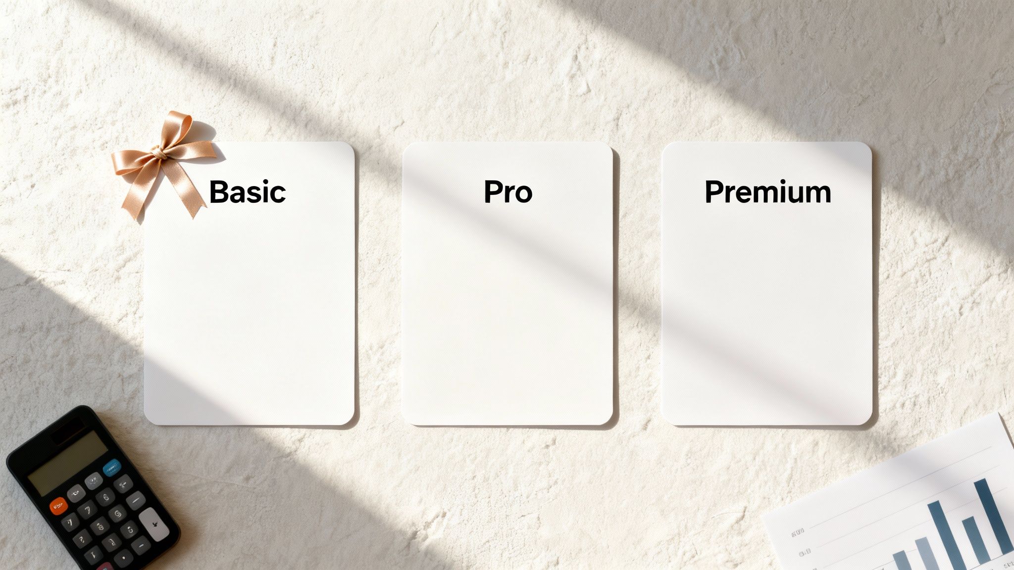 Overhead view of Basic, Pro, and Premium pricing plan cards on a textured surface with a calculator and chart.