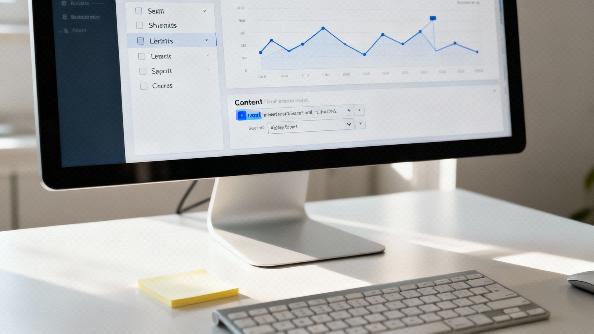 Close-up of a computer monitor displaying a data analytics dashboard in a clean workspace.