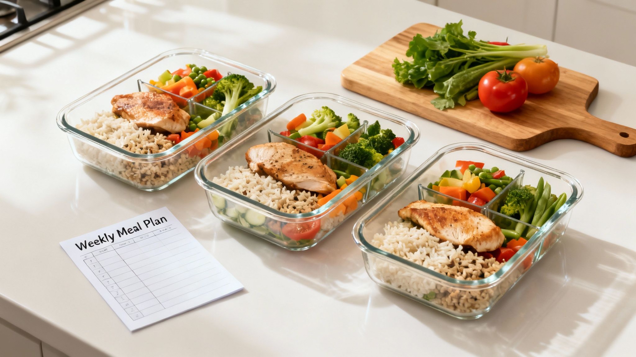 Three healthy meal prep containers with chicken, rice, and fresh vegetables on a kitchen counter with a meal plan.