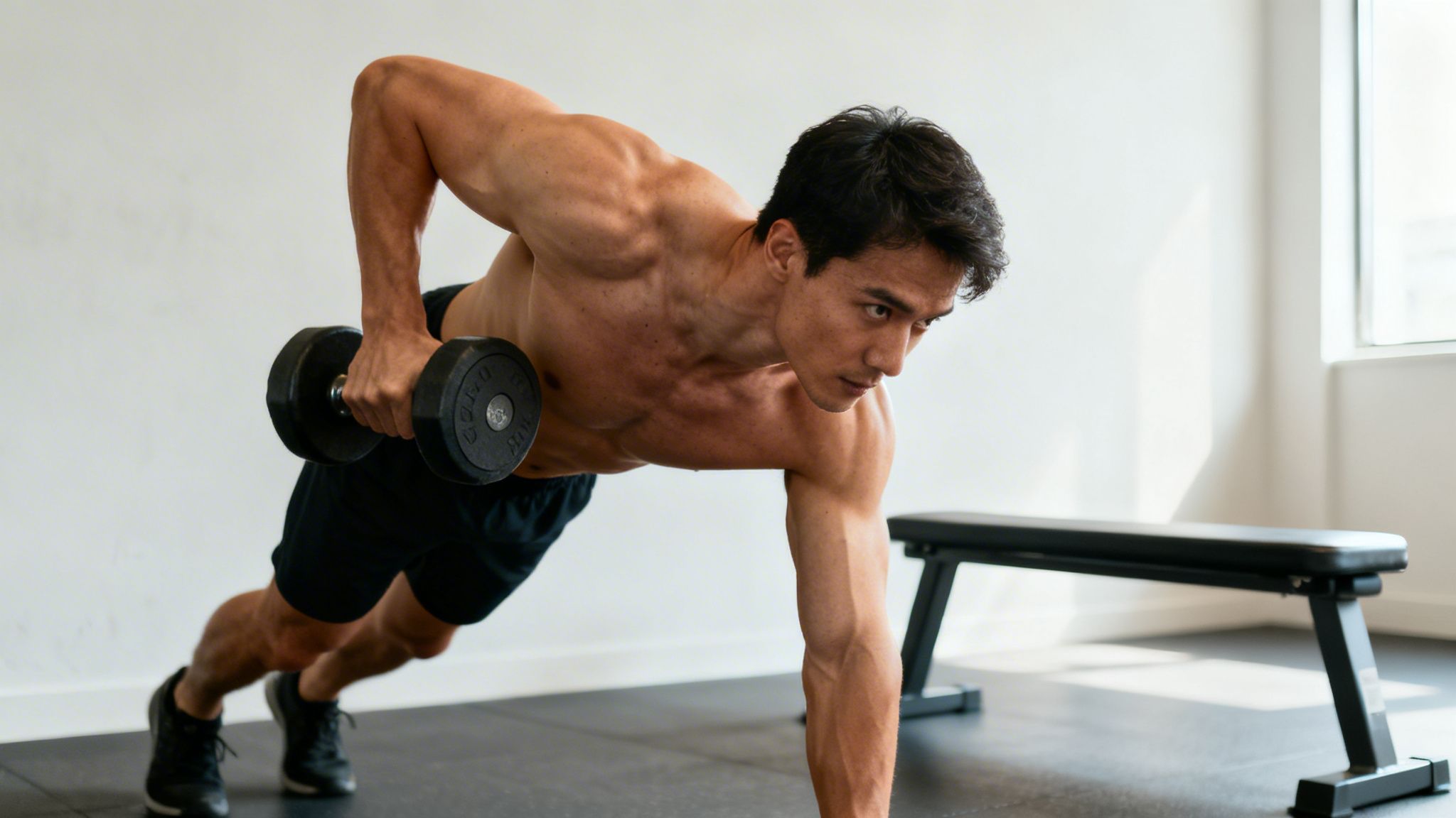 Shirtless man doing a renegade row exercise with a dumbbell in a minimalist gym setting.
