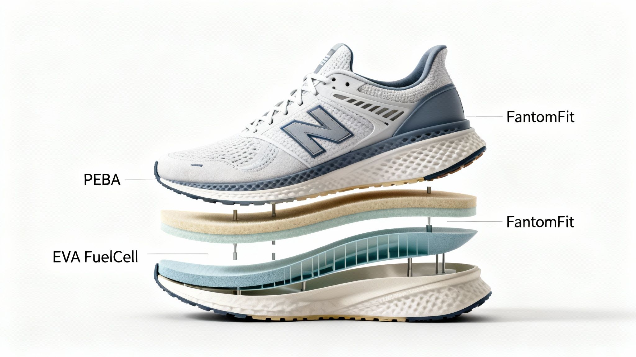 An exploded view of a New Balance running shoe, revealing its internal components like PEBA and EVA FuelCell.