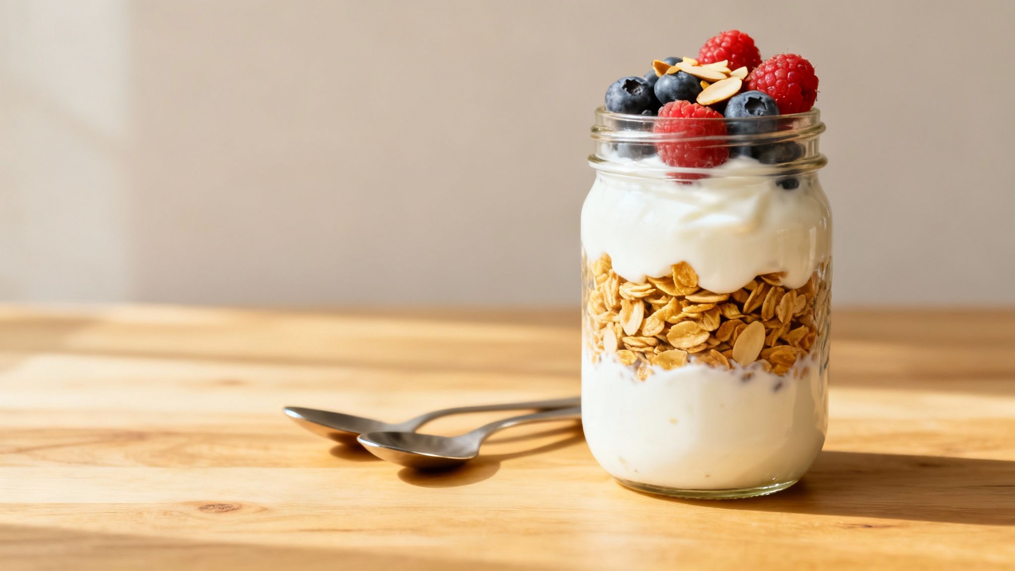 Healthy breakfast yogurt parfait with granola and mixed berries in a glass jar on a wooden table.