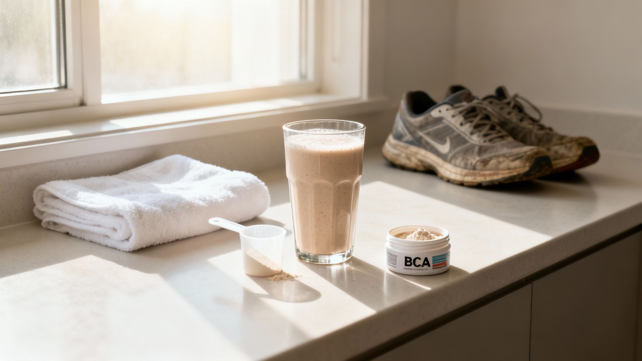 A post-workout setup with a protein shake, BCAA supplement, towel, and dirty running shoes by a sunlit window.