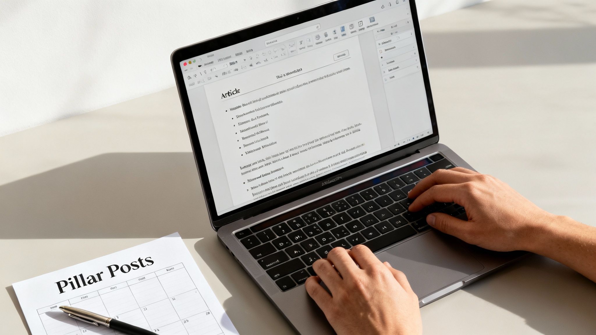 A person's hands typing on a laptop displaying a content article and a 'Pillar Posts' document.