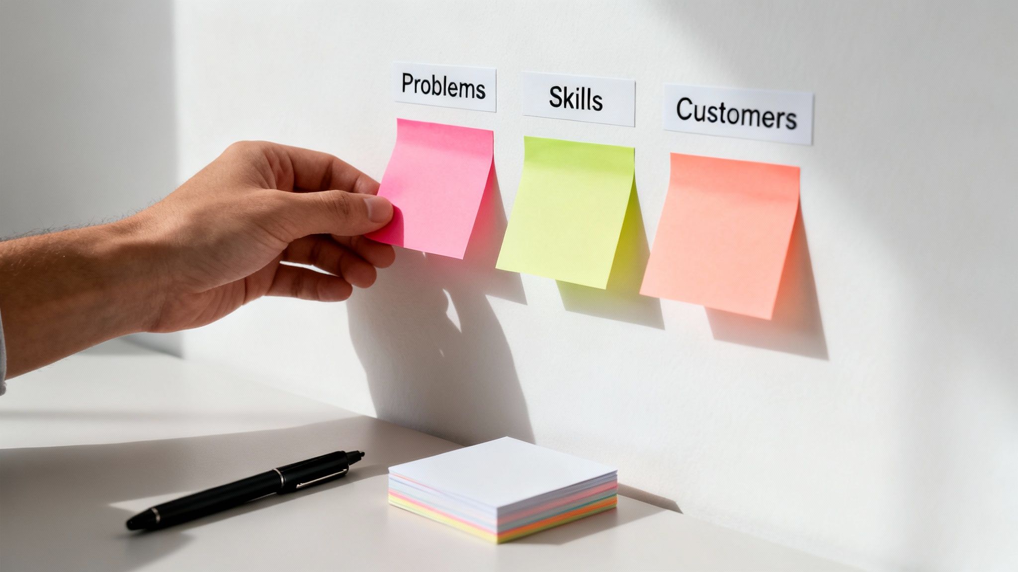 A hand places a pink sticky note under 'Problems' on a wall with 'Skills' and 'Customers' notes.