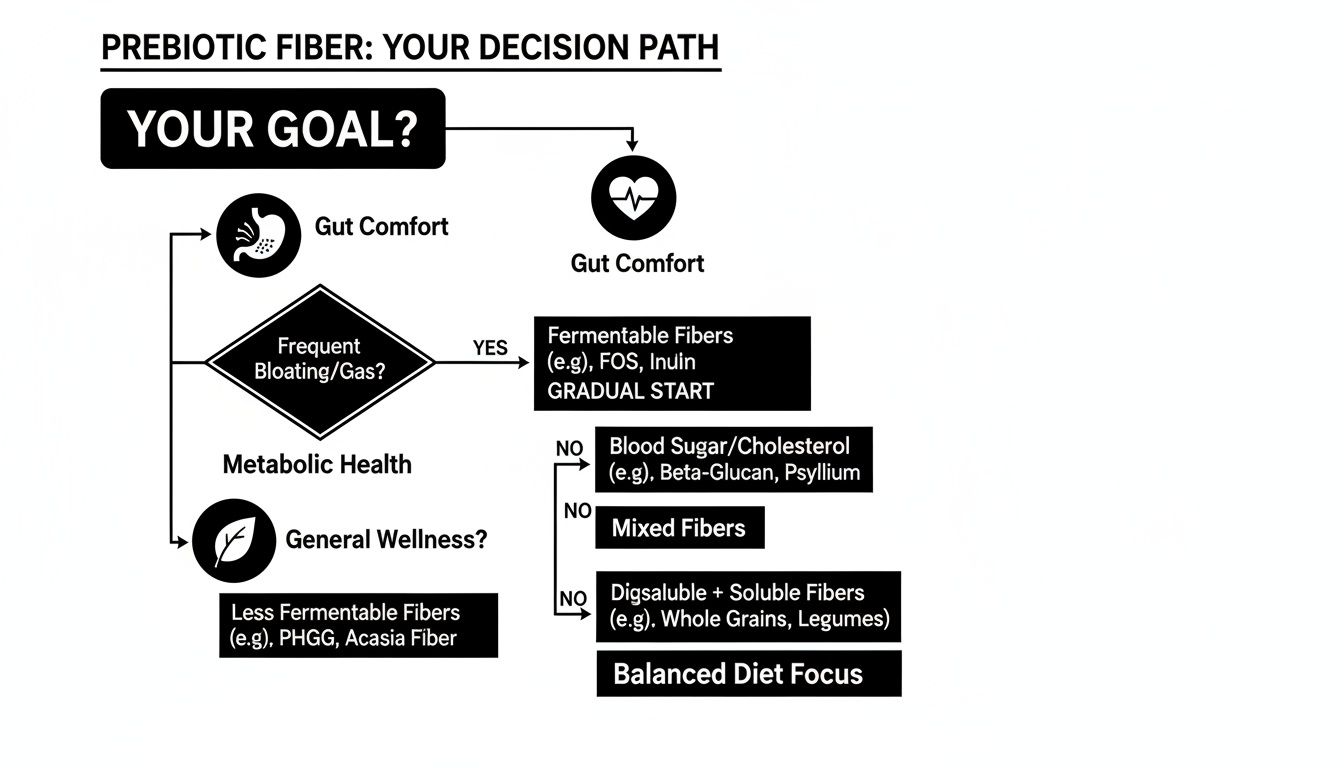 Flowchart showing a prebiotic fiber decision path based on health goals like gut comfort, metabolic health, and general wellness.