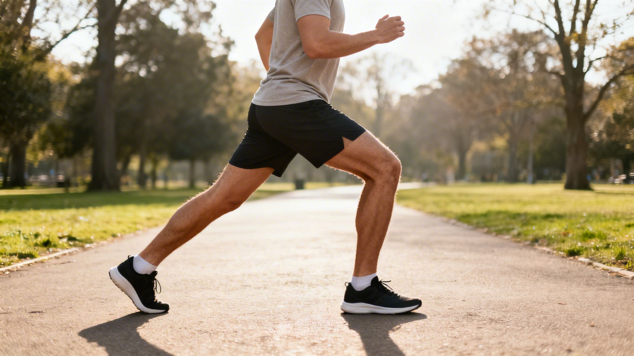 A person in black shorts and a gray shirt running on a sunny park path.