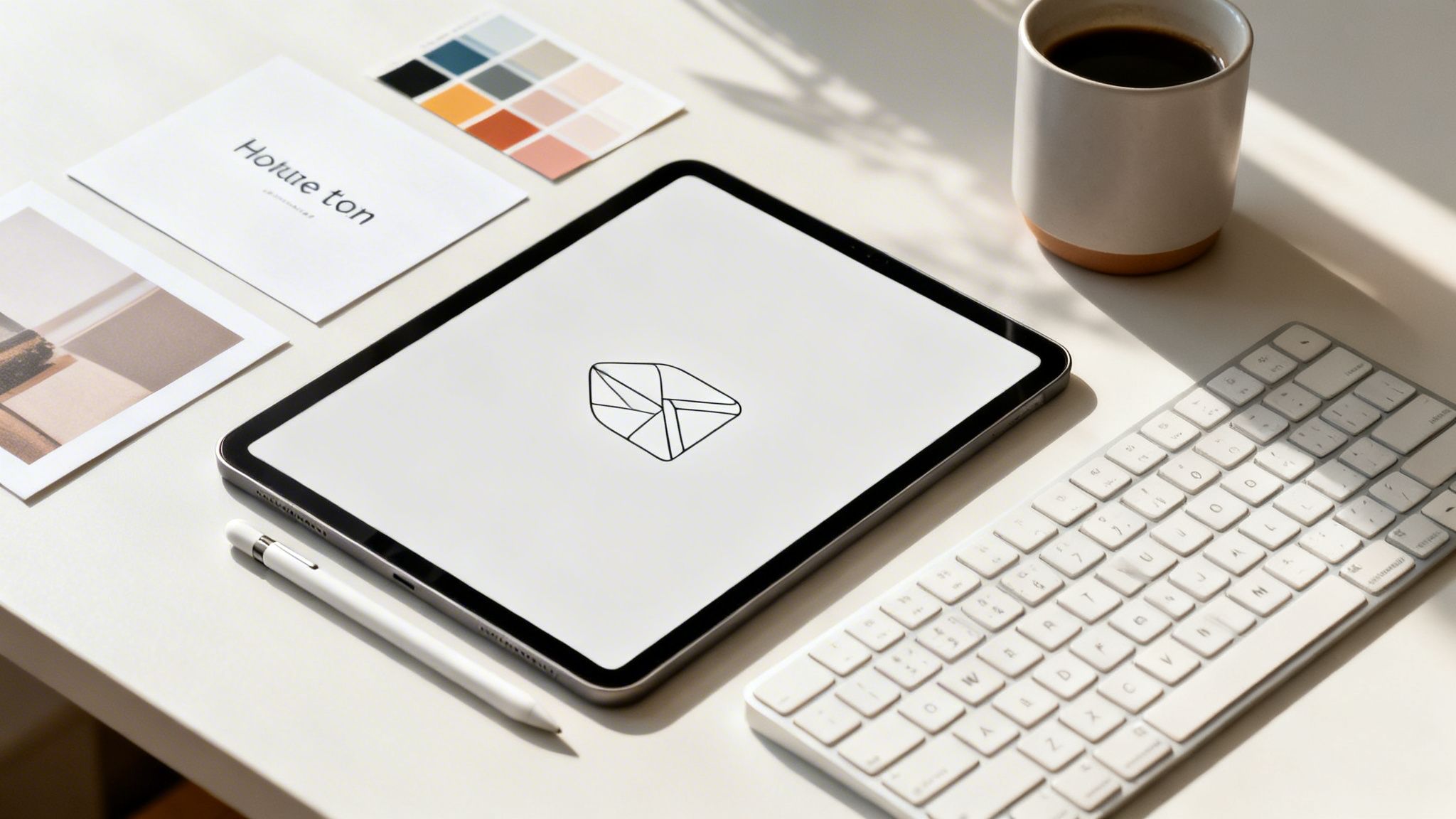 A modern workspace with a tablet displaying a geometric logo, a keyboard, an Apple Pencil, coffee, and branding materials.