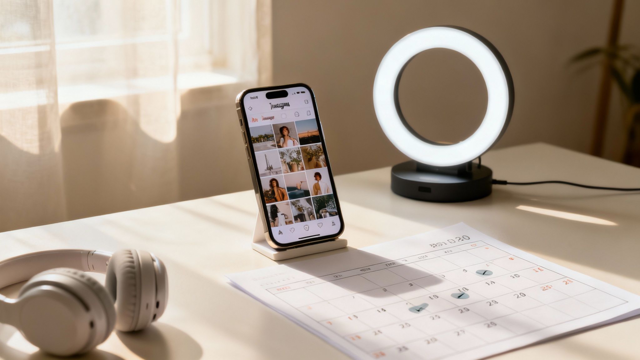 A bright desk setup with a smartphone displaying Instagram, a ring light, headphones, and a calendar.
