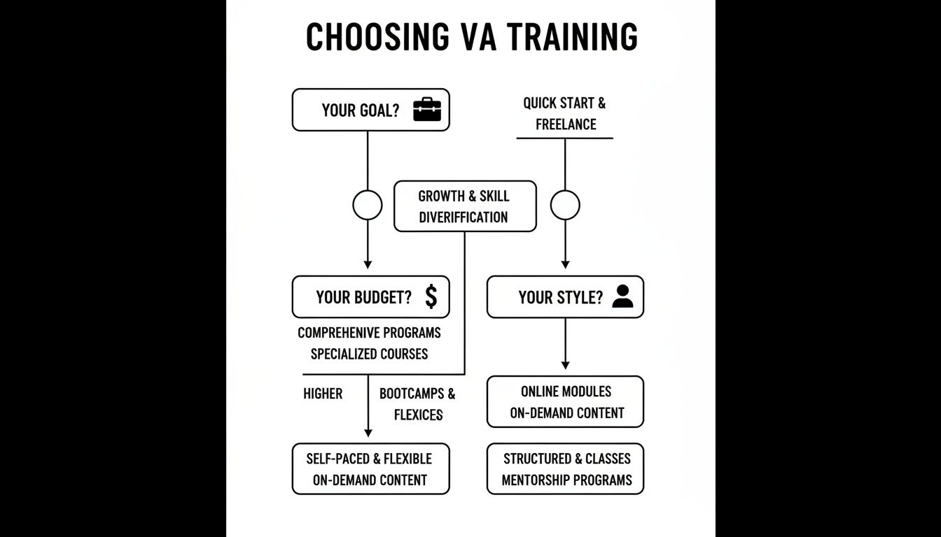 Flowchart outlining choices for virtual assistant training based on goals, budget, and learning style.