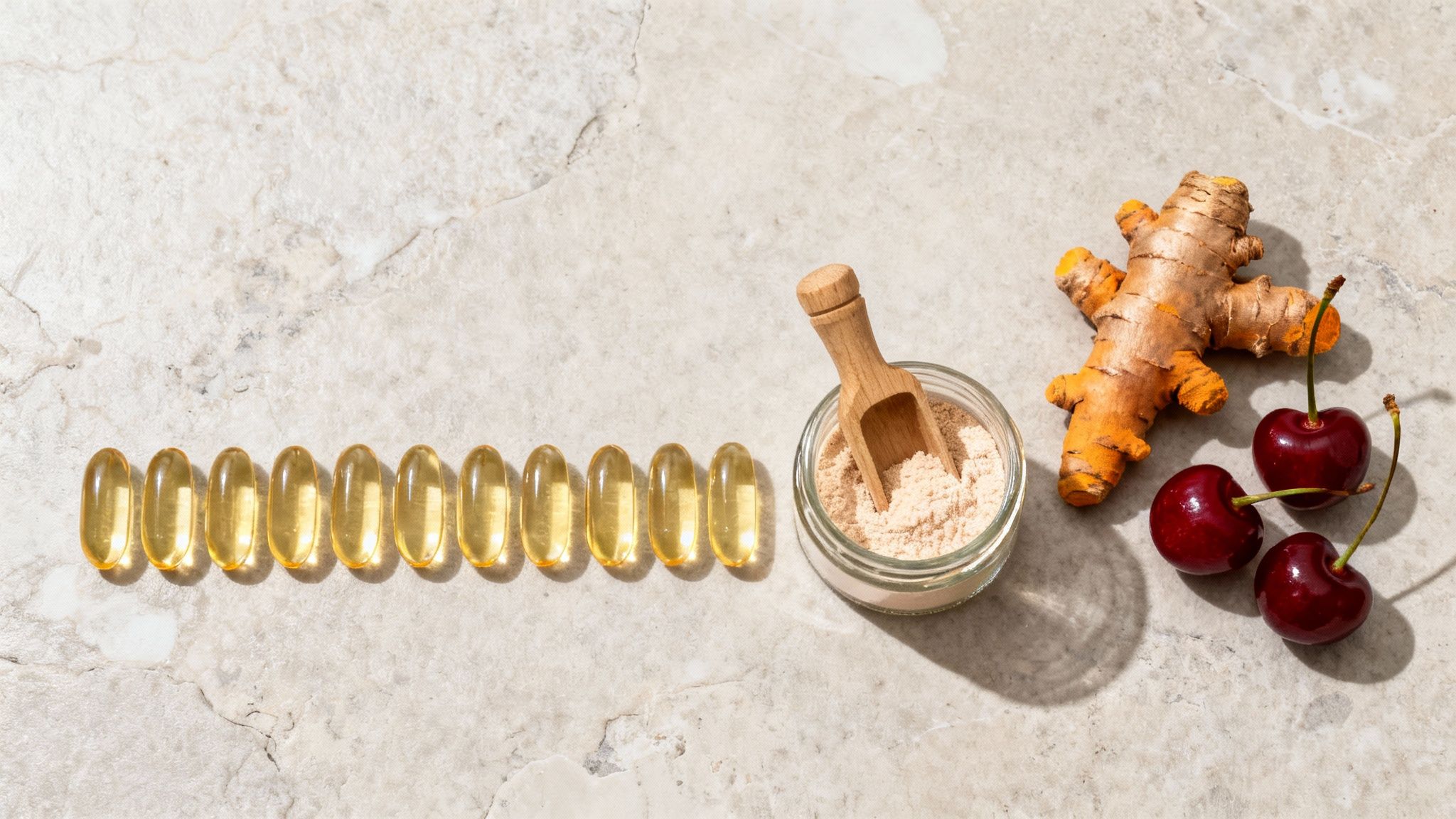 Supplements, turmeric root, and cherries arranged on a textured light surface.
