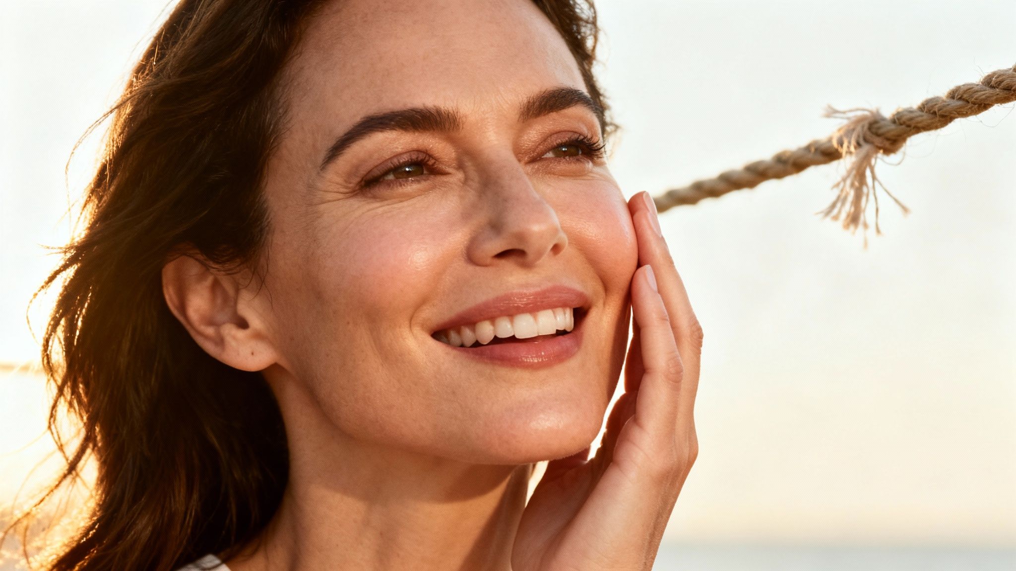 A radiant woman with healthy, glowing skin smiles, looking up, bathed in golden light.