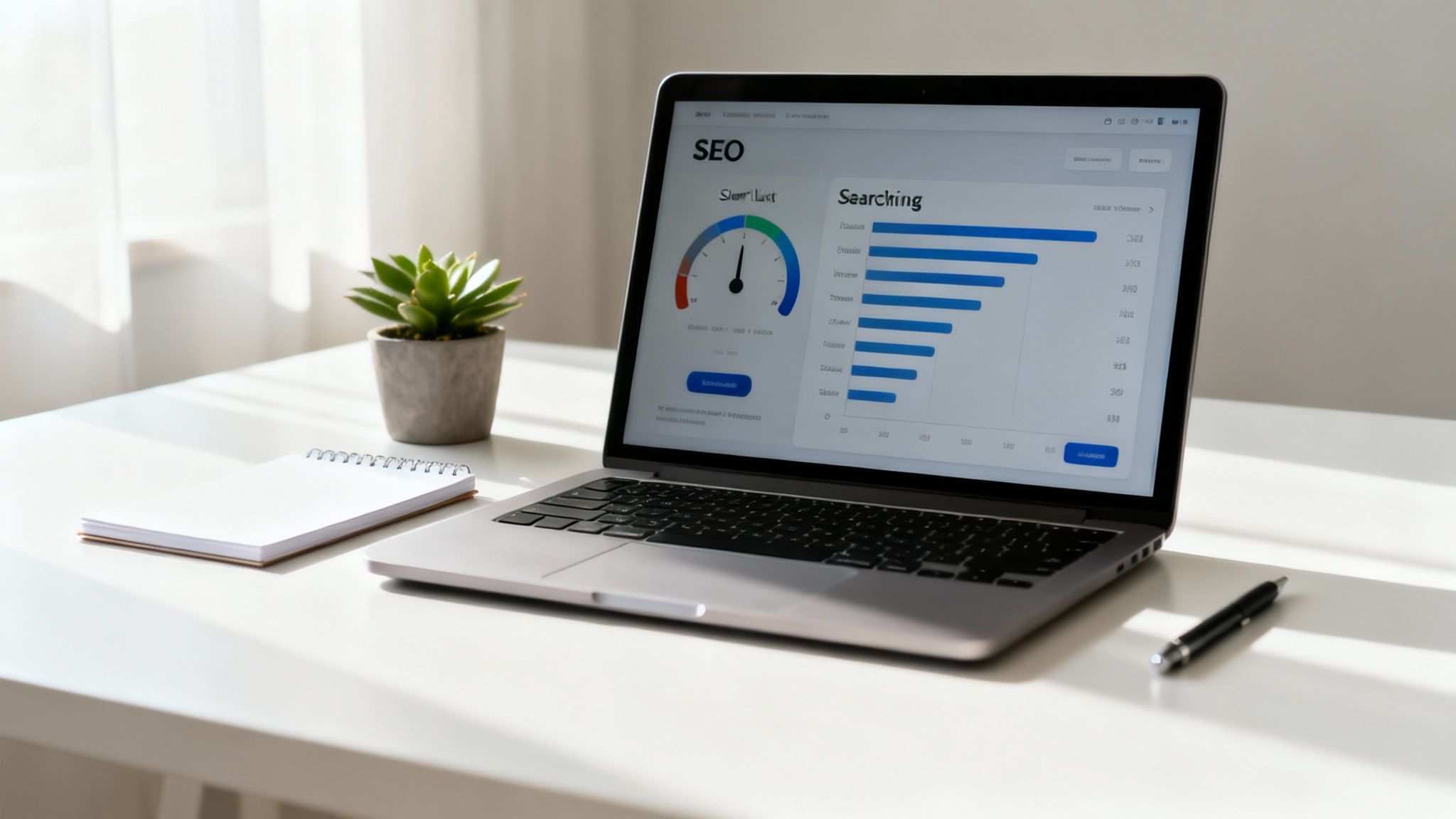 Modern workspace with a laptop displaying an SEO dashboard, a plant, notebook, and pen on a white desk.