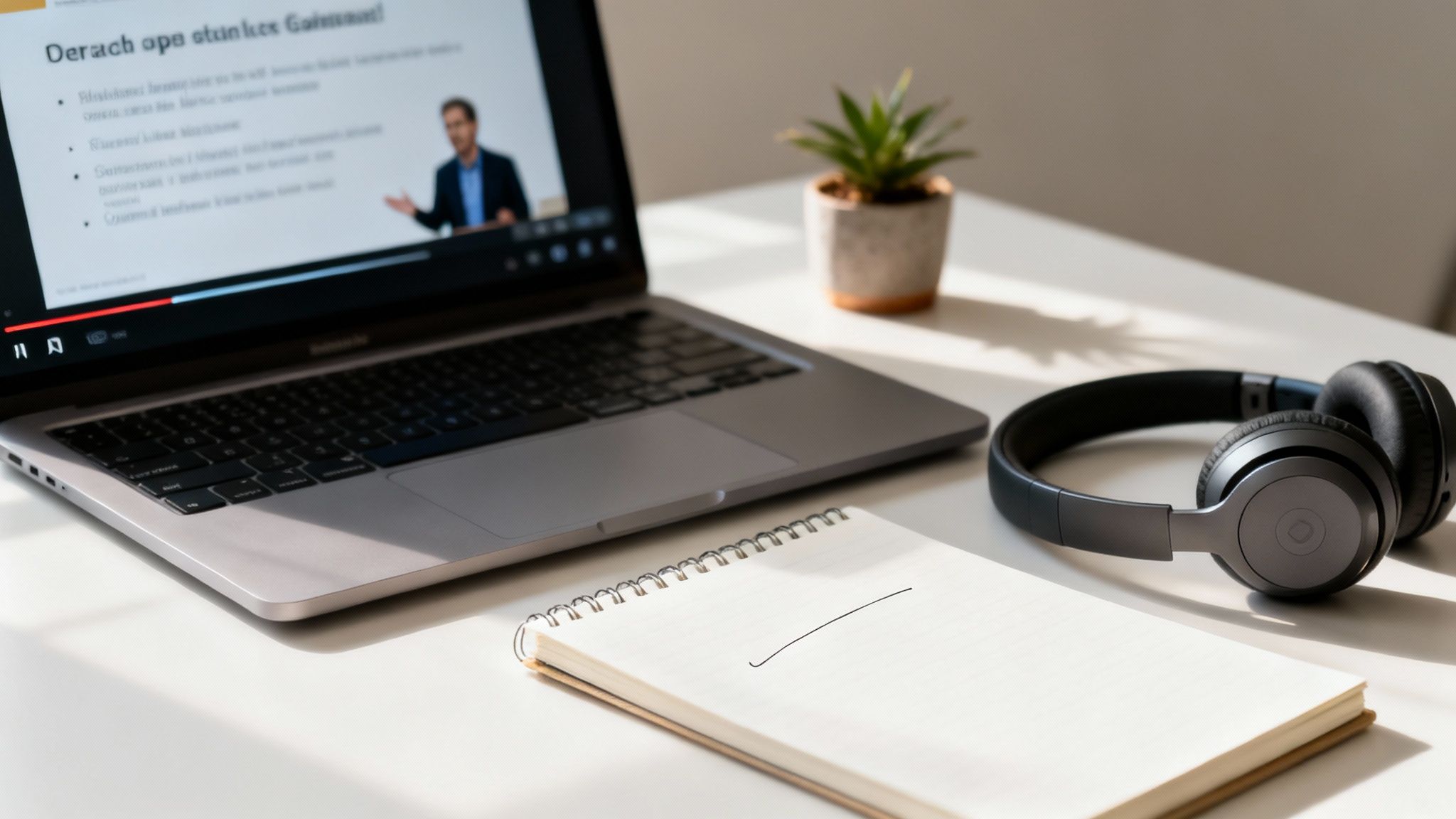 A laptop displaying an online course with a speaker, headphones, and a notebook on a bright desk.
