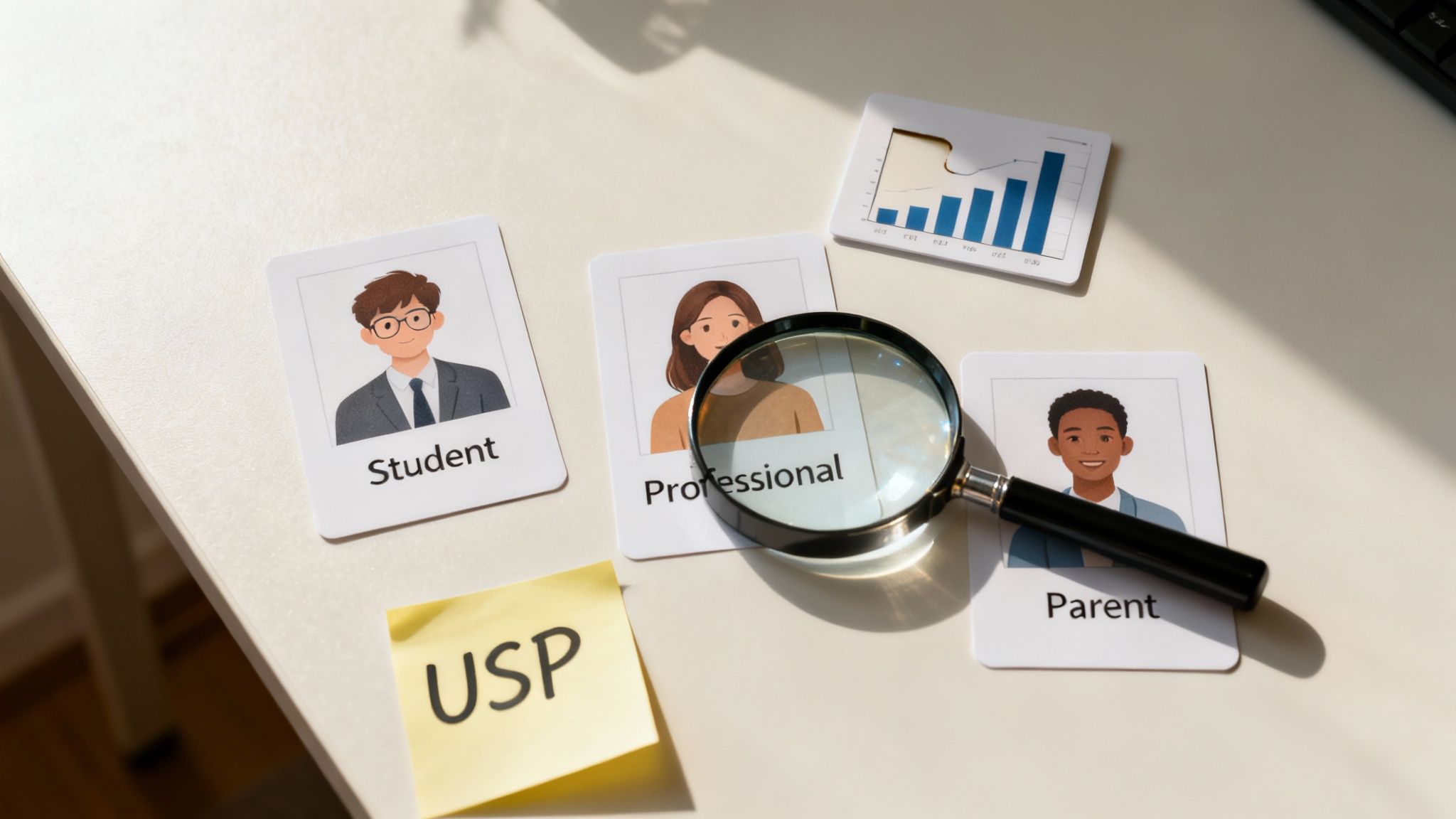 Cards with 'Student,' 'Professional,' 'Parent' alongside a magnifying glass, bar chart, and 'USP' note, illustrating business strategy.