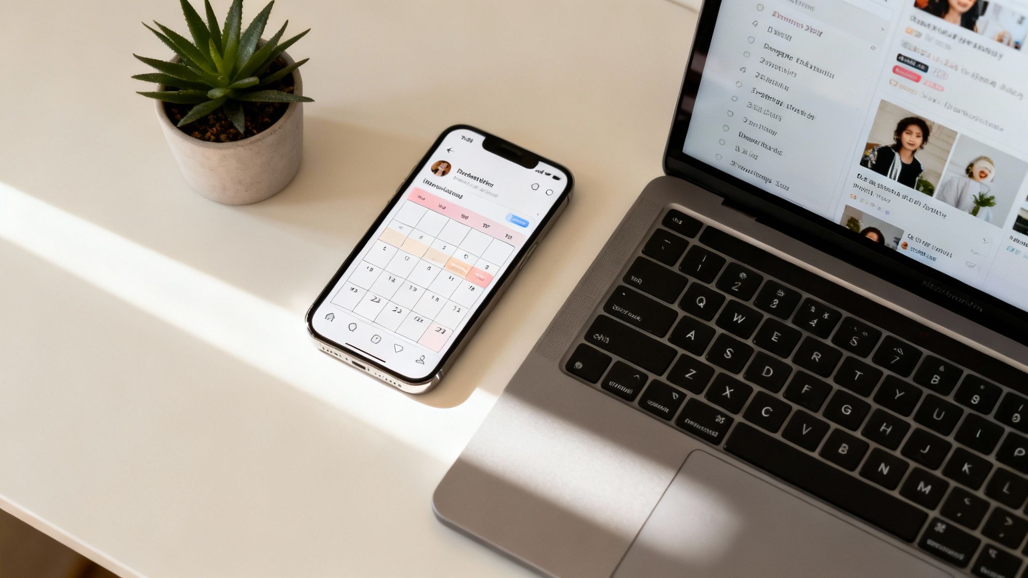 A bright workspace featuring a potted plant, a smartphone showing a calendar, and an open laptop, bathed in sunlight.