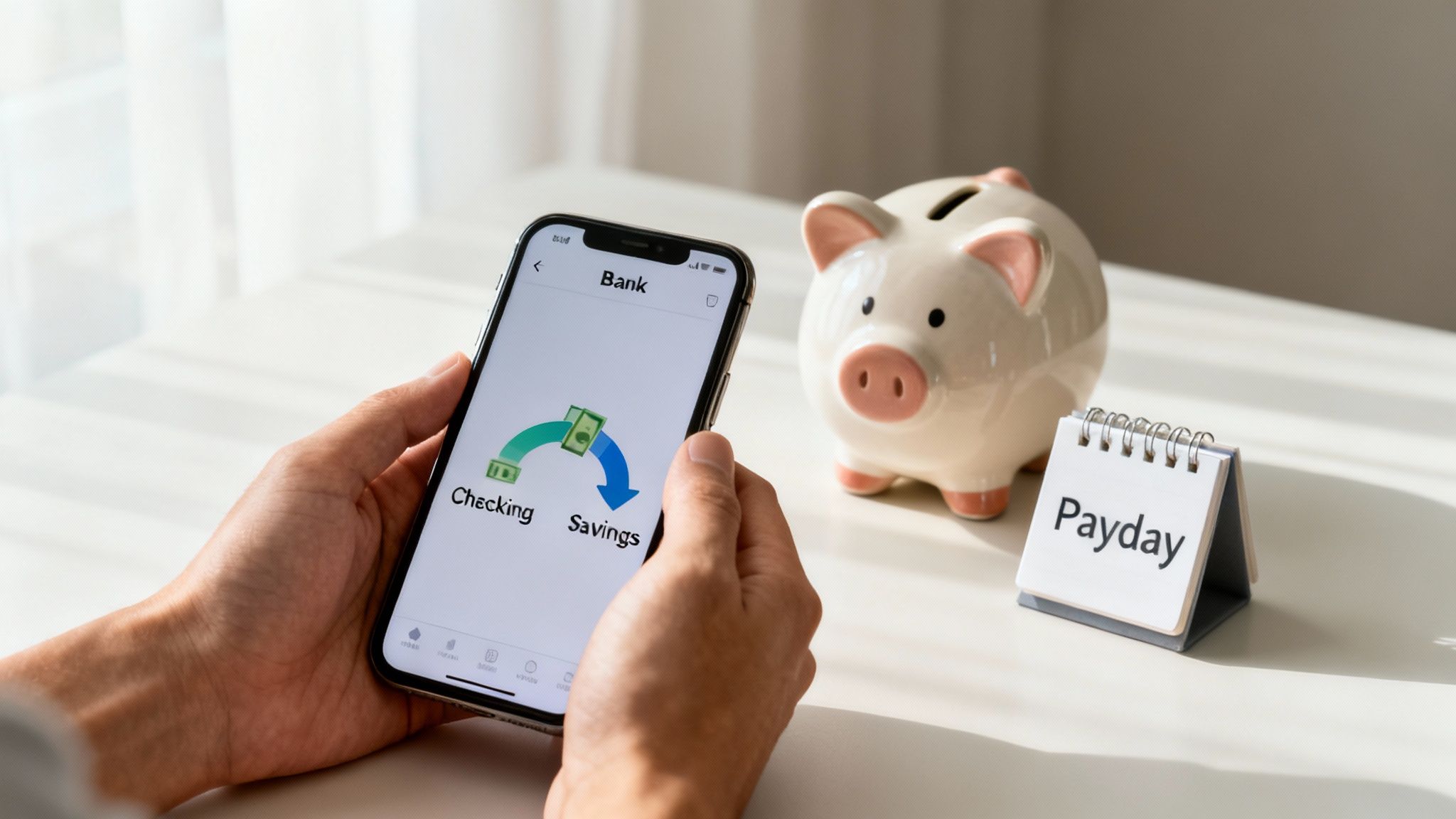 Hands holding a smartphone with a banking app showing money transfer to savings, near a piggy bank and 'Payday' calendar.