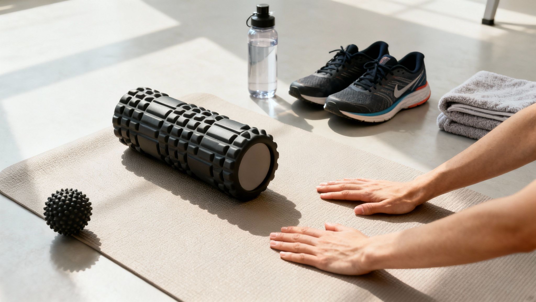 Fitness essentials laid out on a yoga mat with hands on it, ready for a workout.