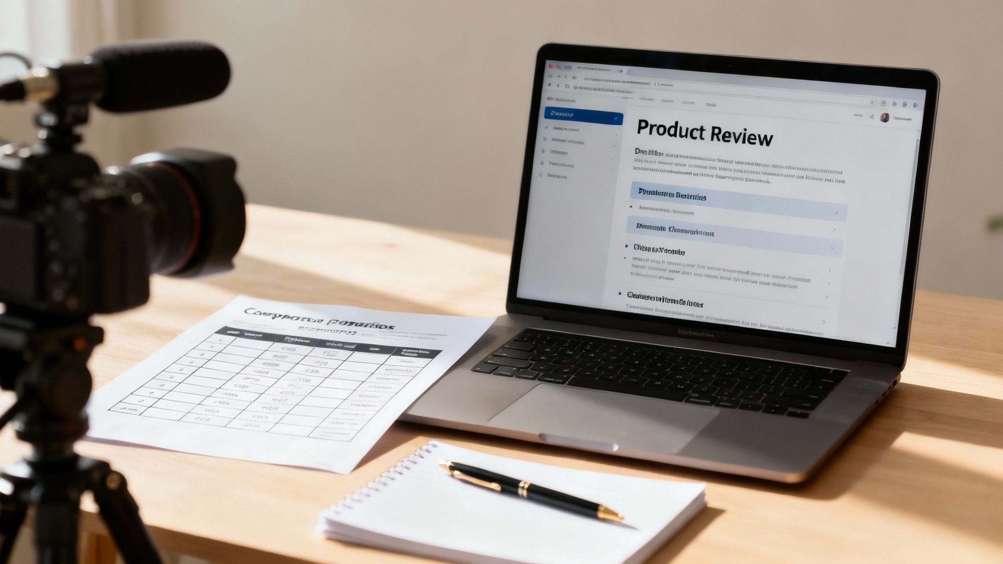 A desk setup for product review content creation, featuring a camera, microphone, laptop, and documents.