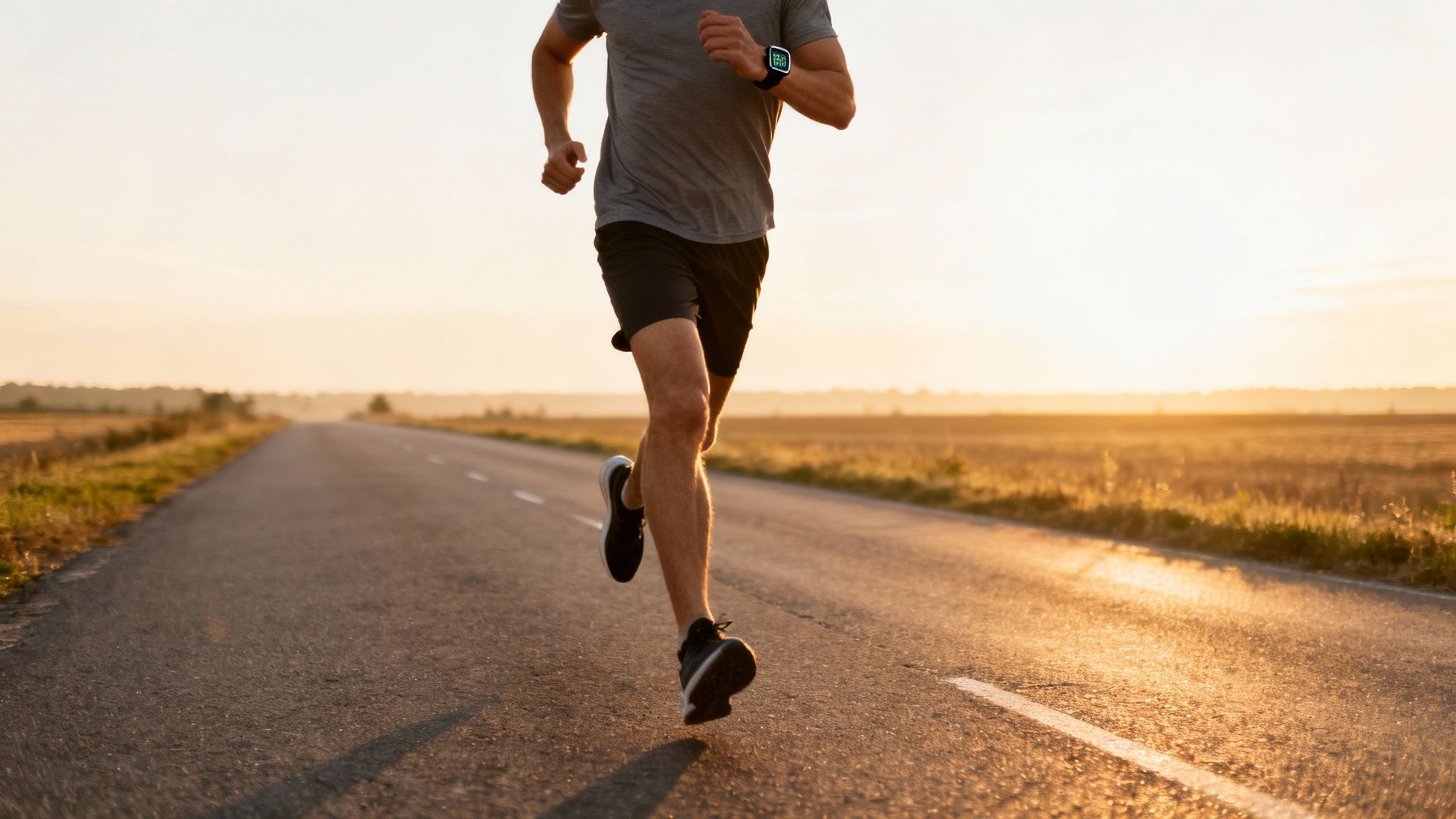 A person jogs on a rural road at sunset, focused on fitness with a smartwatch.