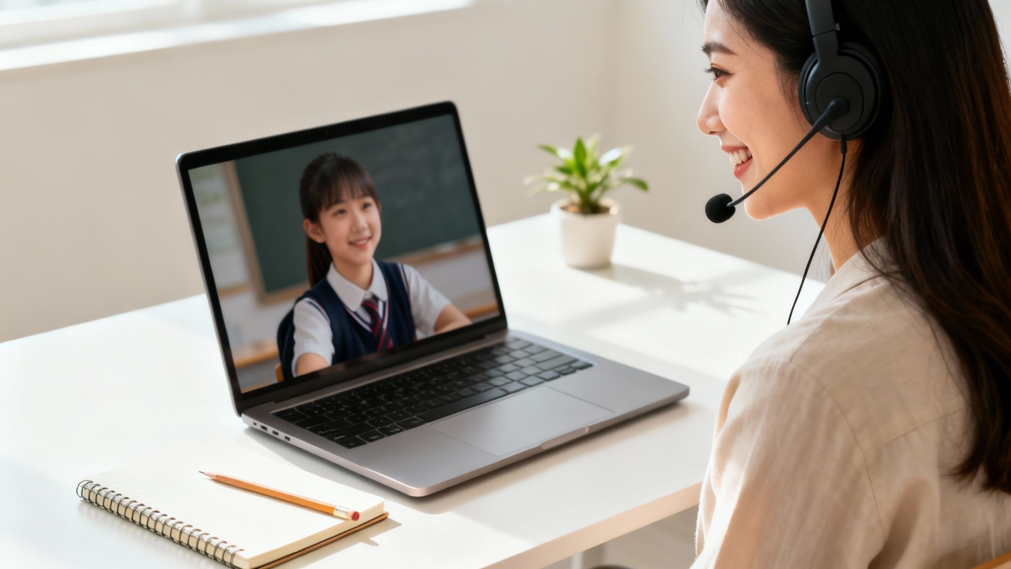 A smiling woman wearing a headset conducts an online class with a student on her laptop.