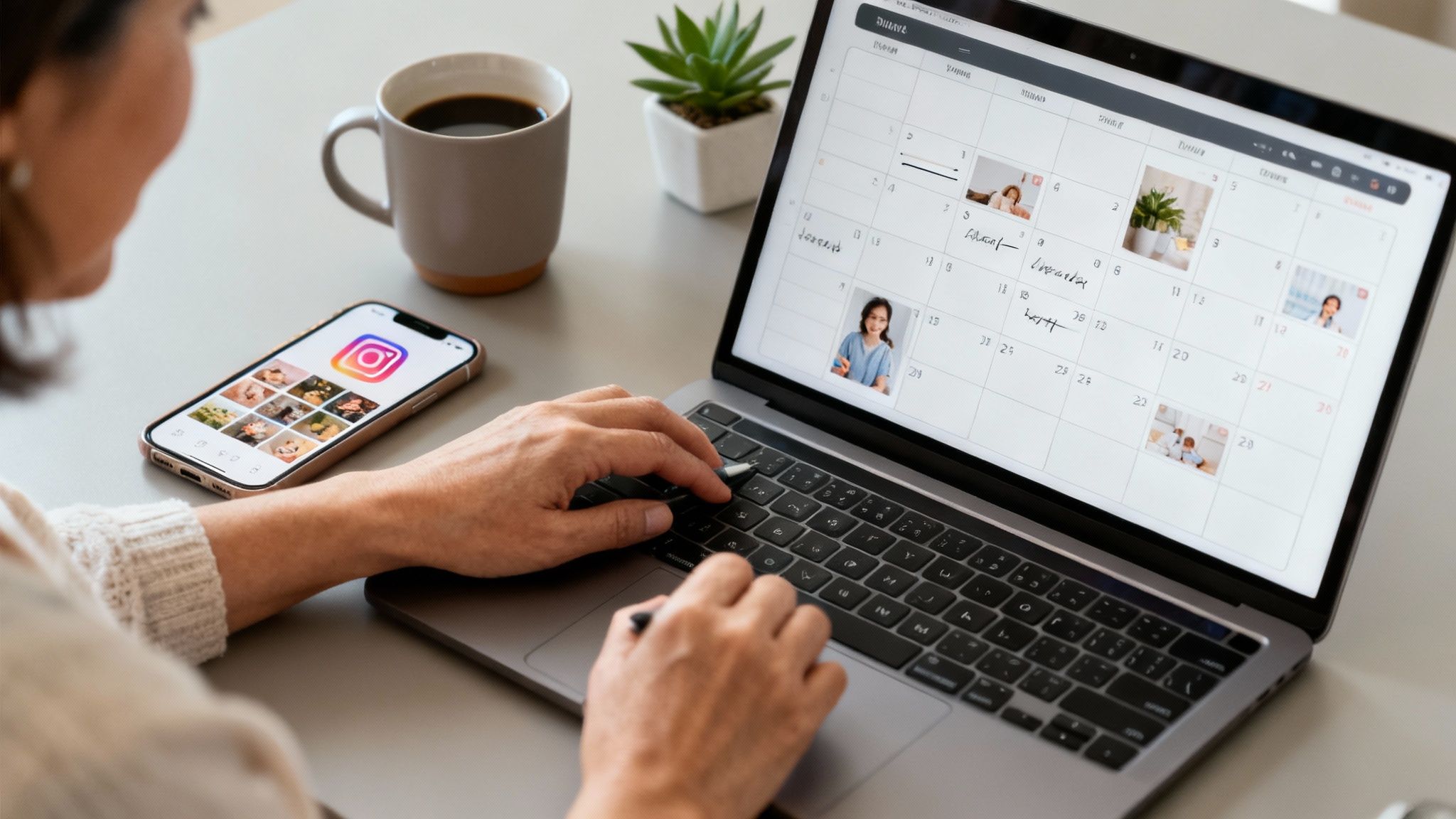 Woman working from home, typing on a laptop with a calendar app and checking Instagram on her phone.