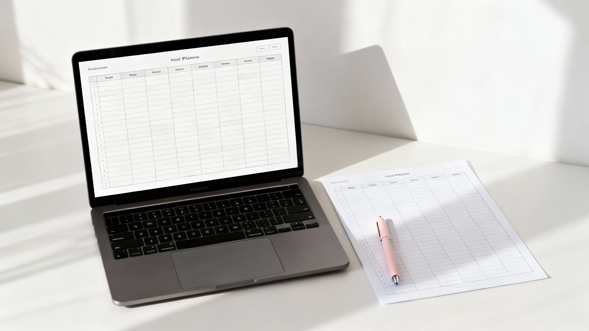 A laptop showing a digital planner next to a physical planner and a pink pen on a white desk.
