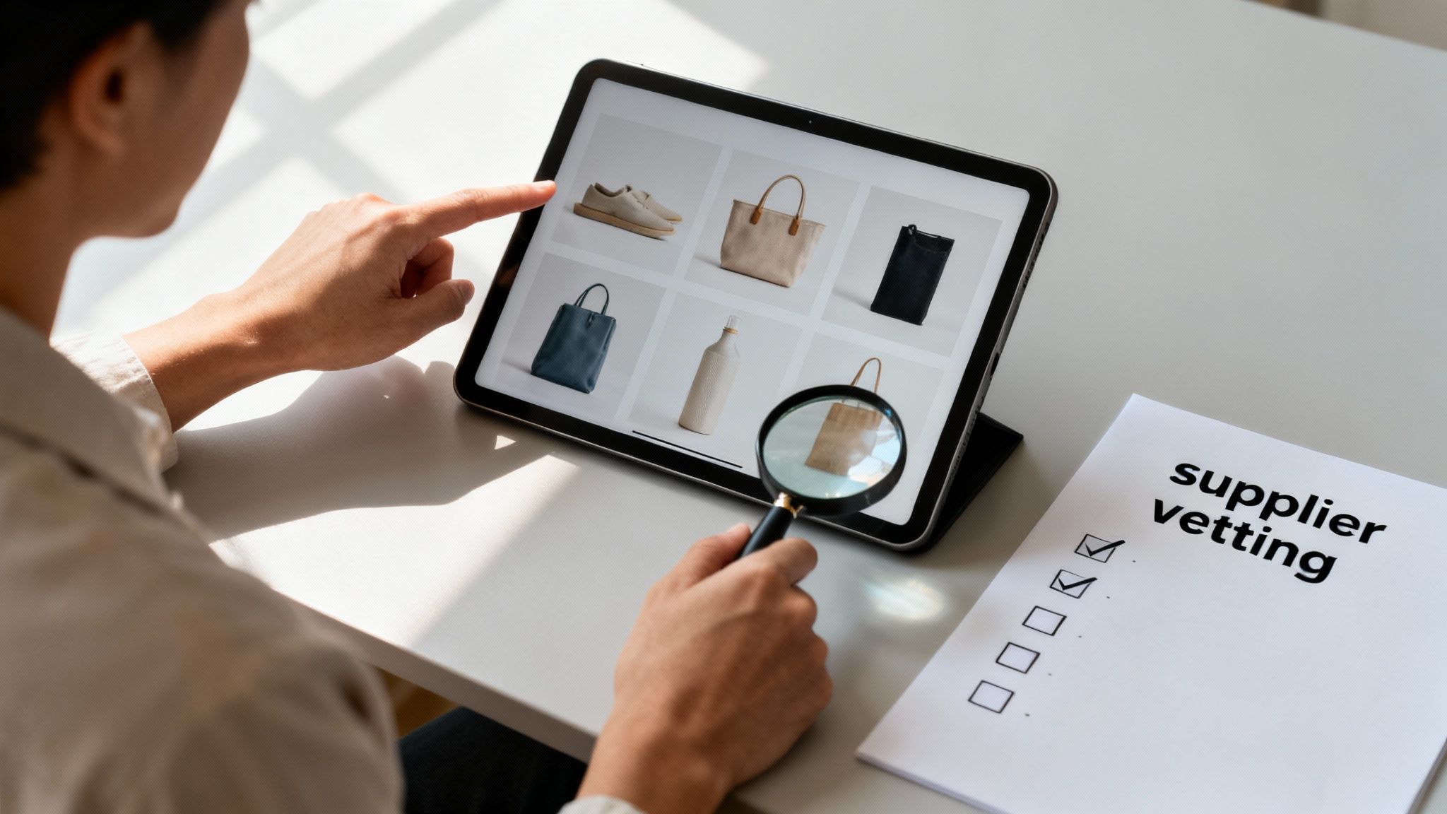 A person is vetting suppliers, examining products on a tablet with a magnifying glass, next to a "supplier vetting" checklist.