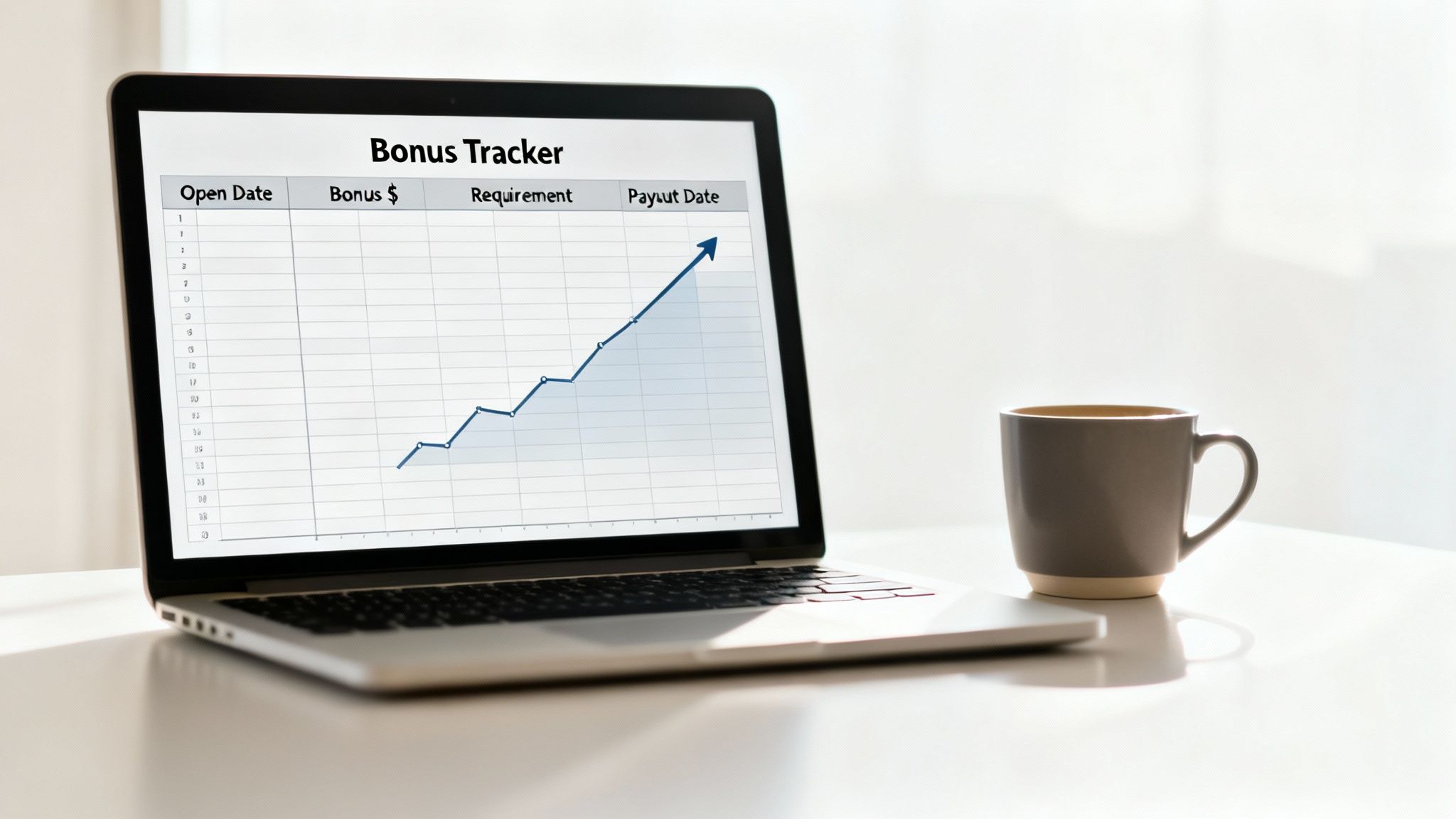 A laptop displays a 'Bonus Tracker' spreadsheet with an upward trending line graph, beside a coffee mug.