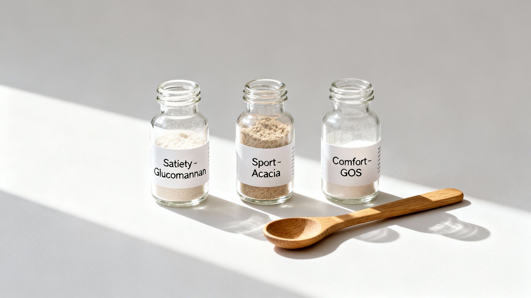 Three labeled glass jars with white and beige powders, and a wooden spoon on a white background.