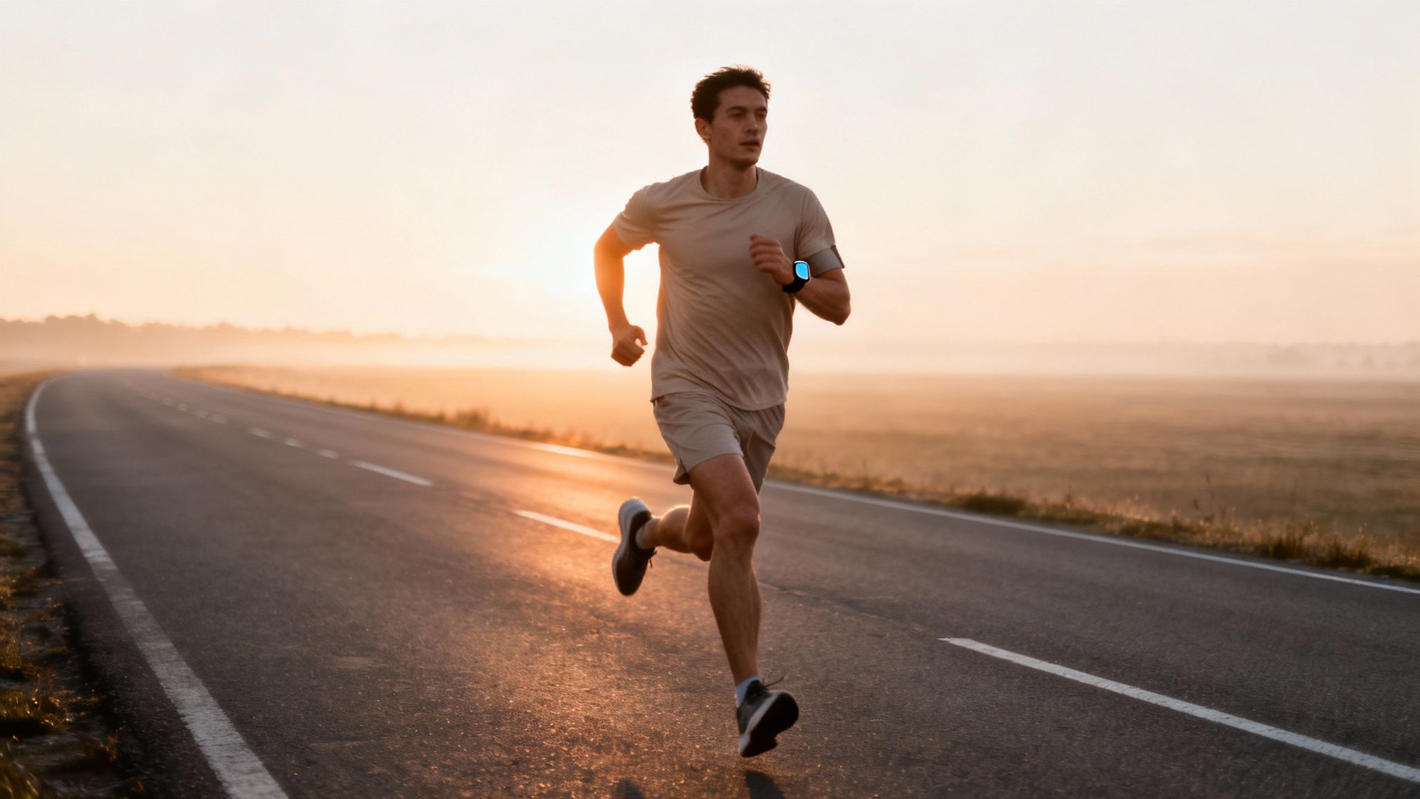 A male runner exercising on an empty road during a beautiful misty sunrise.