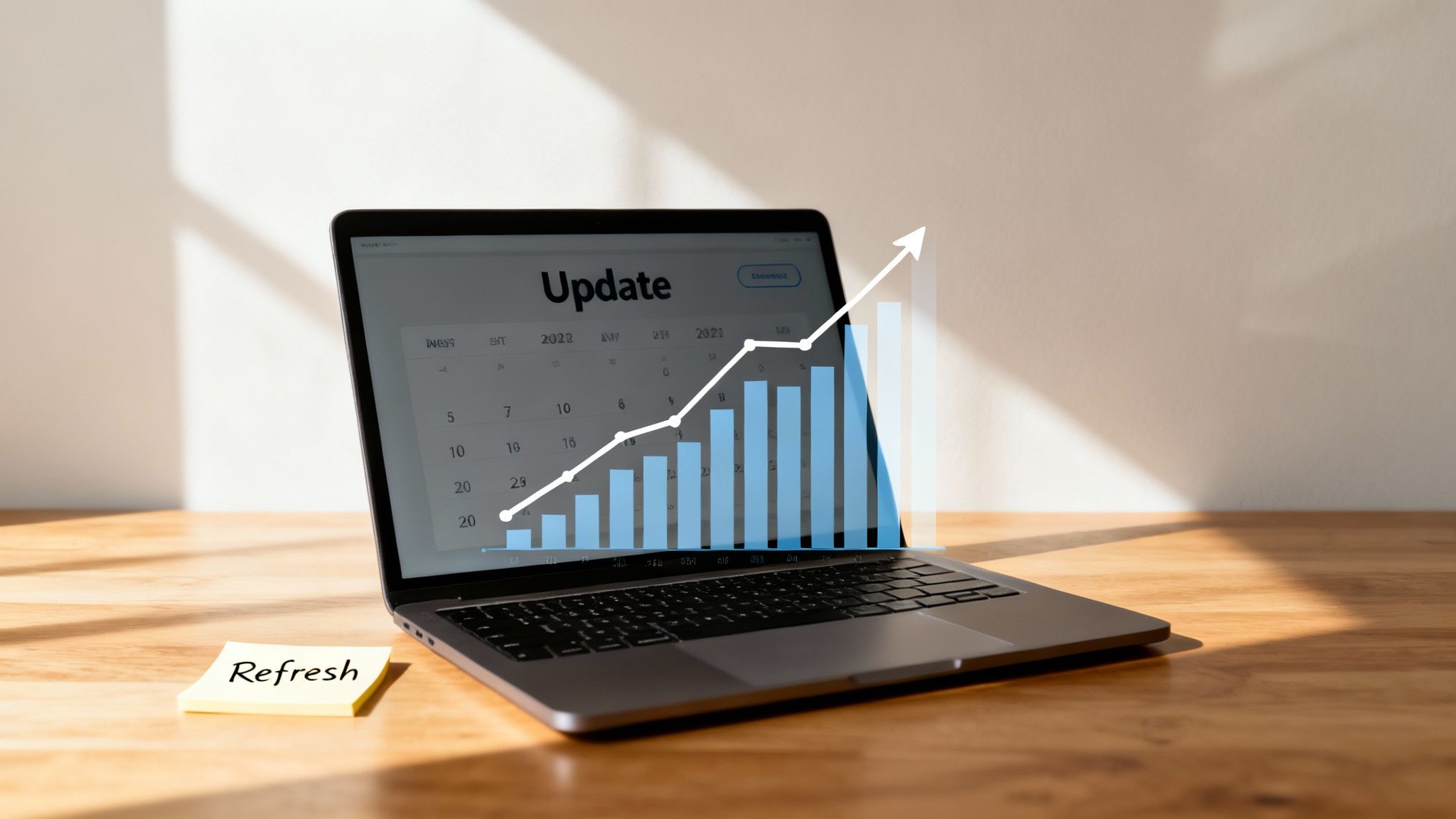 Laptop displaying a digital growth graph and an 'Update' screen, with a 'Refresh' sticky note.