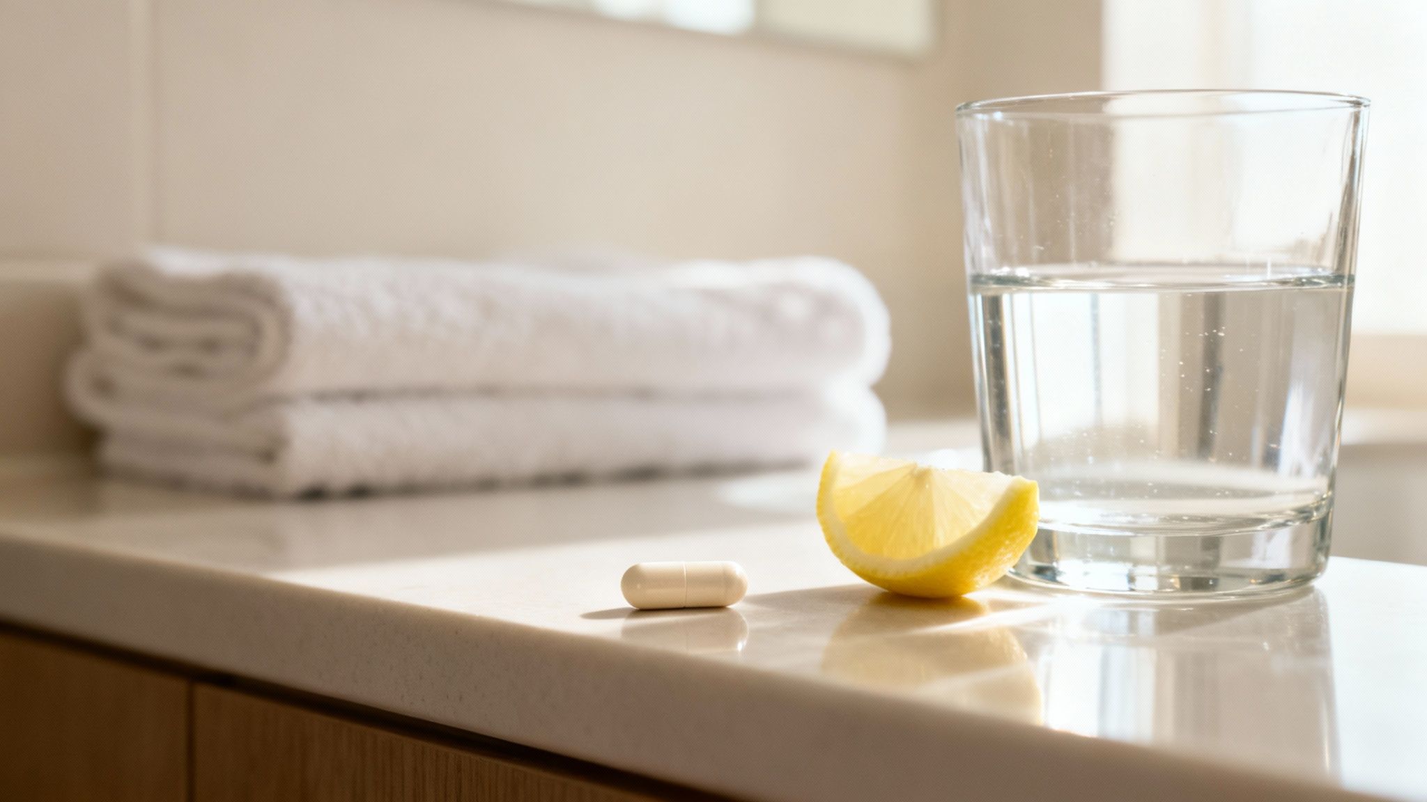 A supplement capsule, lemon wedge, and glass of water on a counter, with white towels.