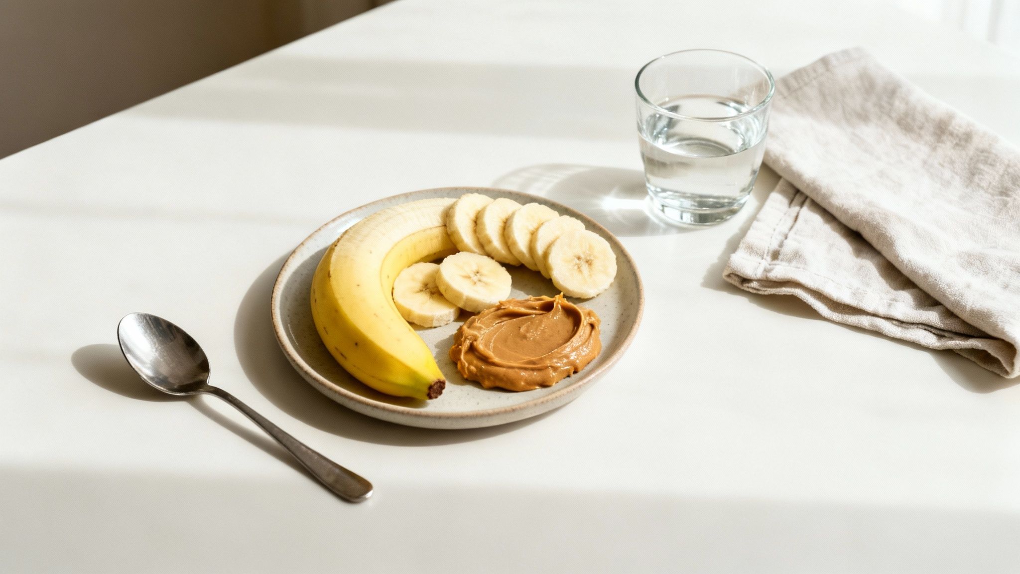 A healthy snack plate with a banana, sliced bananas, and peanut butter, next to water and a spoon.