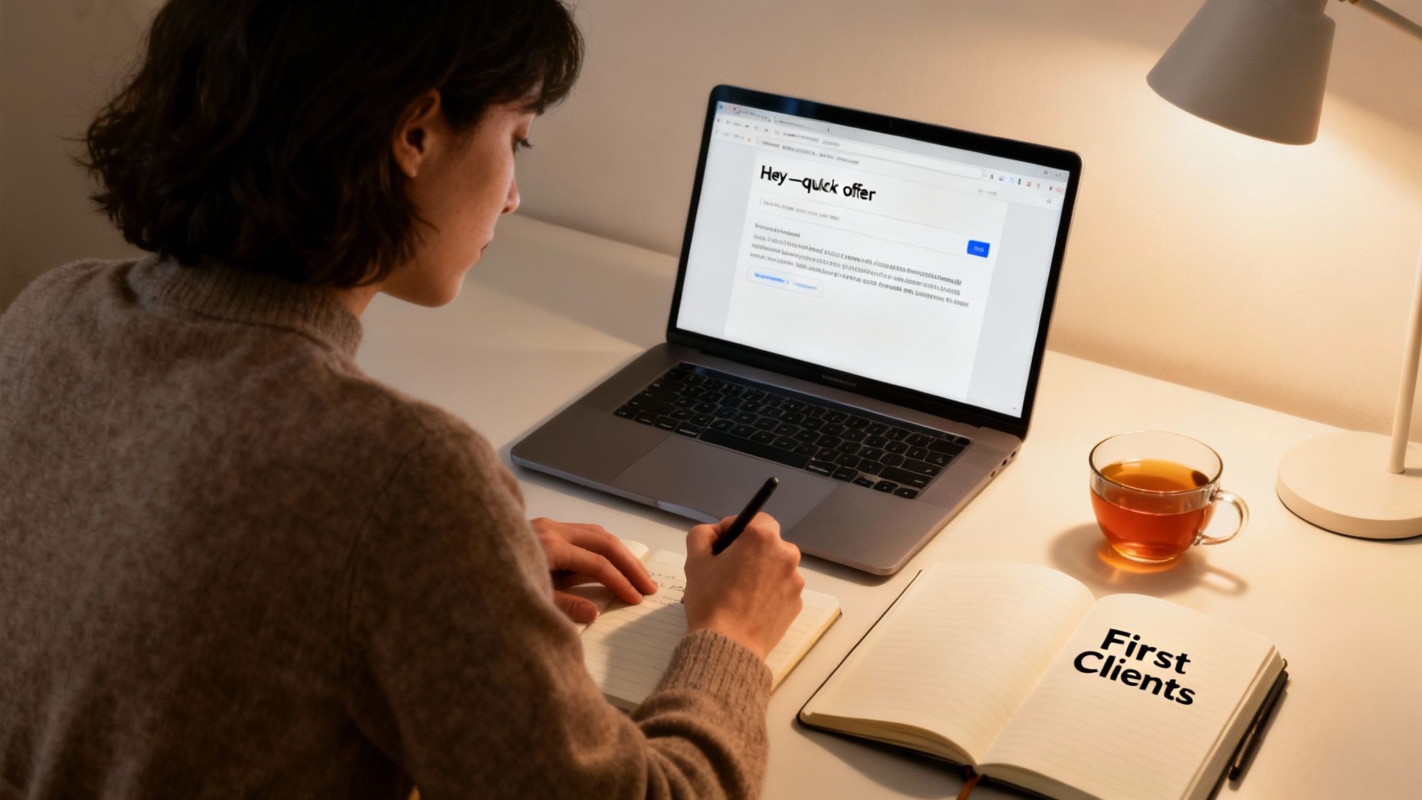 Woman working at a desk with a laptop, writing notes in a notebook about 'First Clients'.