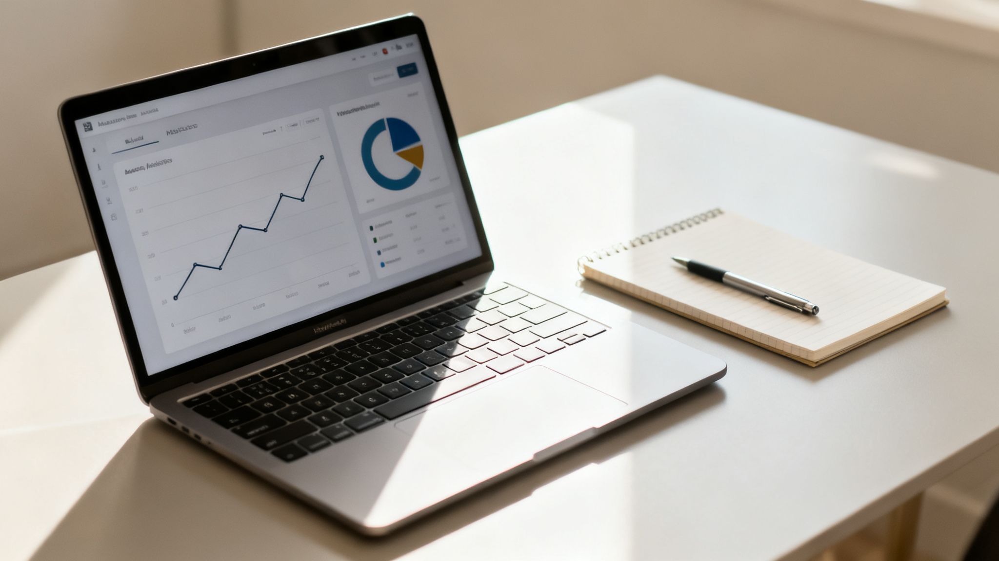 An open laptop displaying analytics graphs on a desk with a notebook and pen, bathed in sunlight.