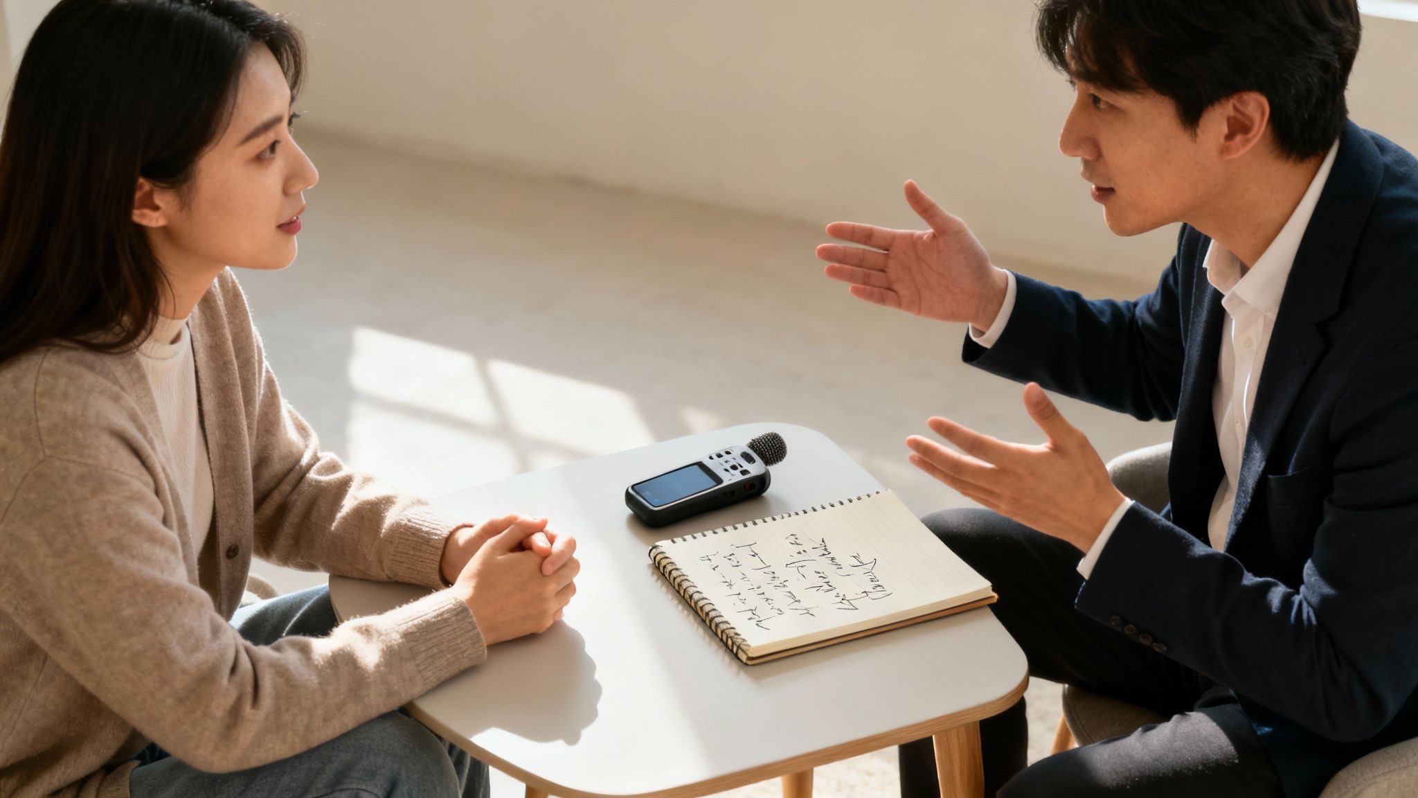 A man talks to a woman across a table with a voice recorder and notebook.