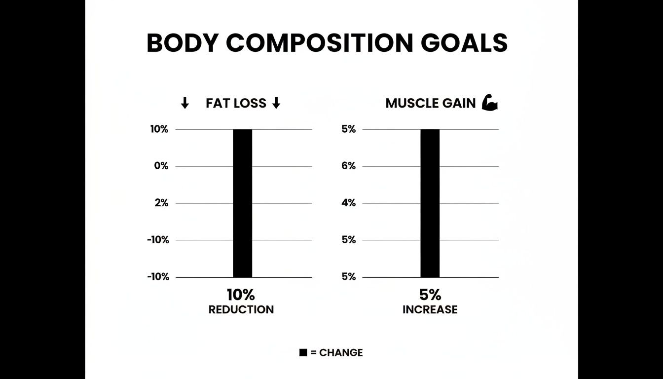 Infographic showing body composition goals, with targets for 10% fat reduction and 5% muscle increase.