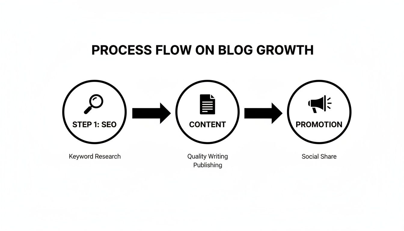 A process flow diagram illustrating blog growth through SEO, content creation, and promotion steps.