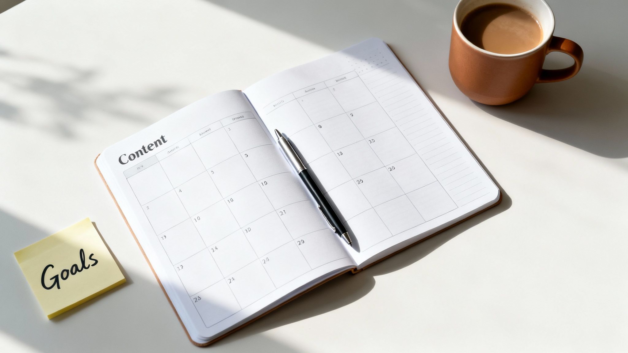 Open content calendar planner with a pen, 'Goals' sticky note, and coffee on a bright desk.