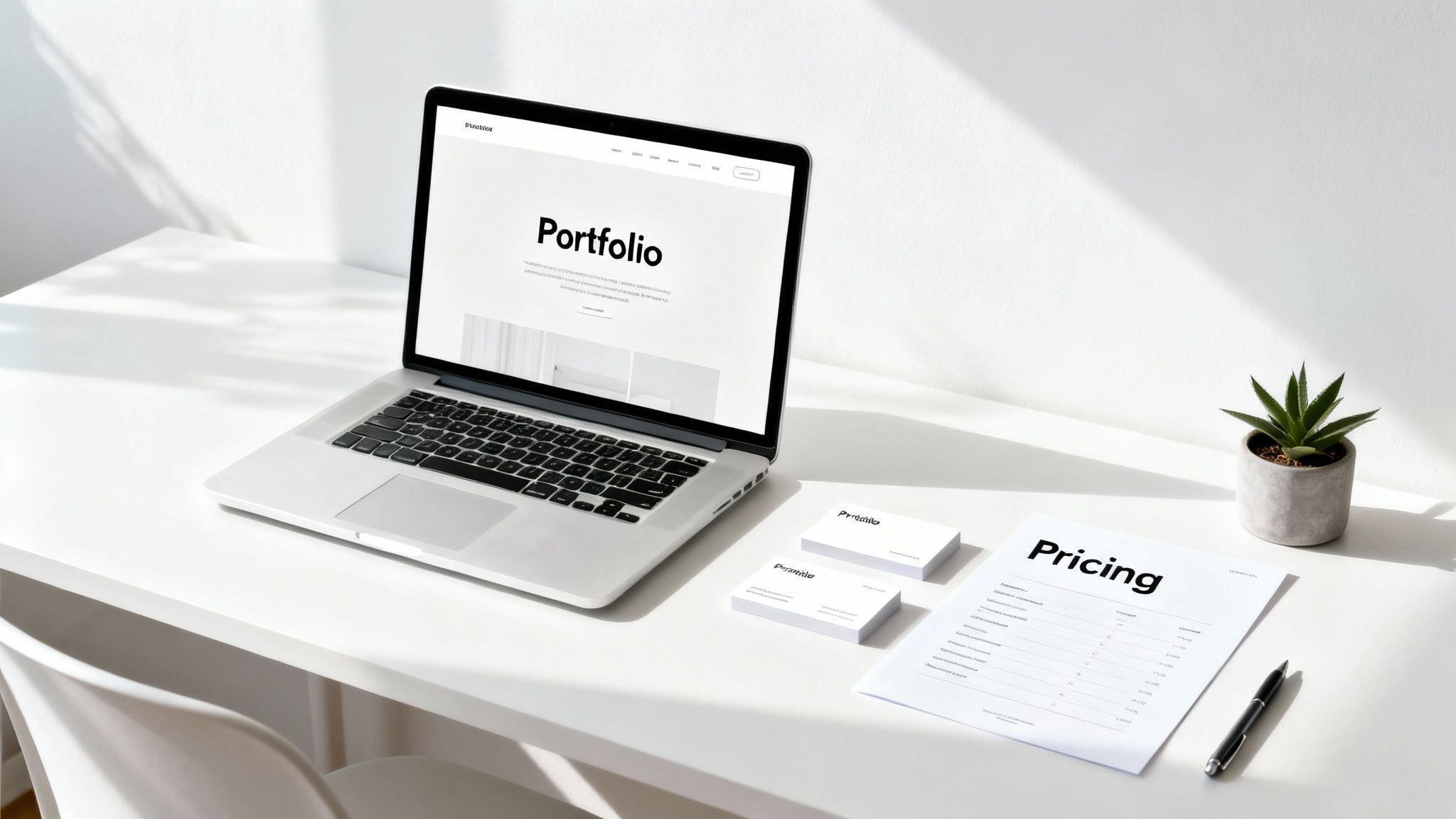 Overhead view of a minimal white workspace with a laptop, business cards, a pricing sheet, and a plant.