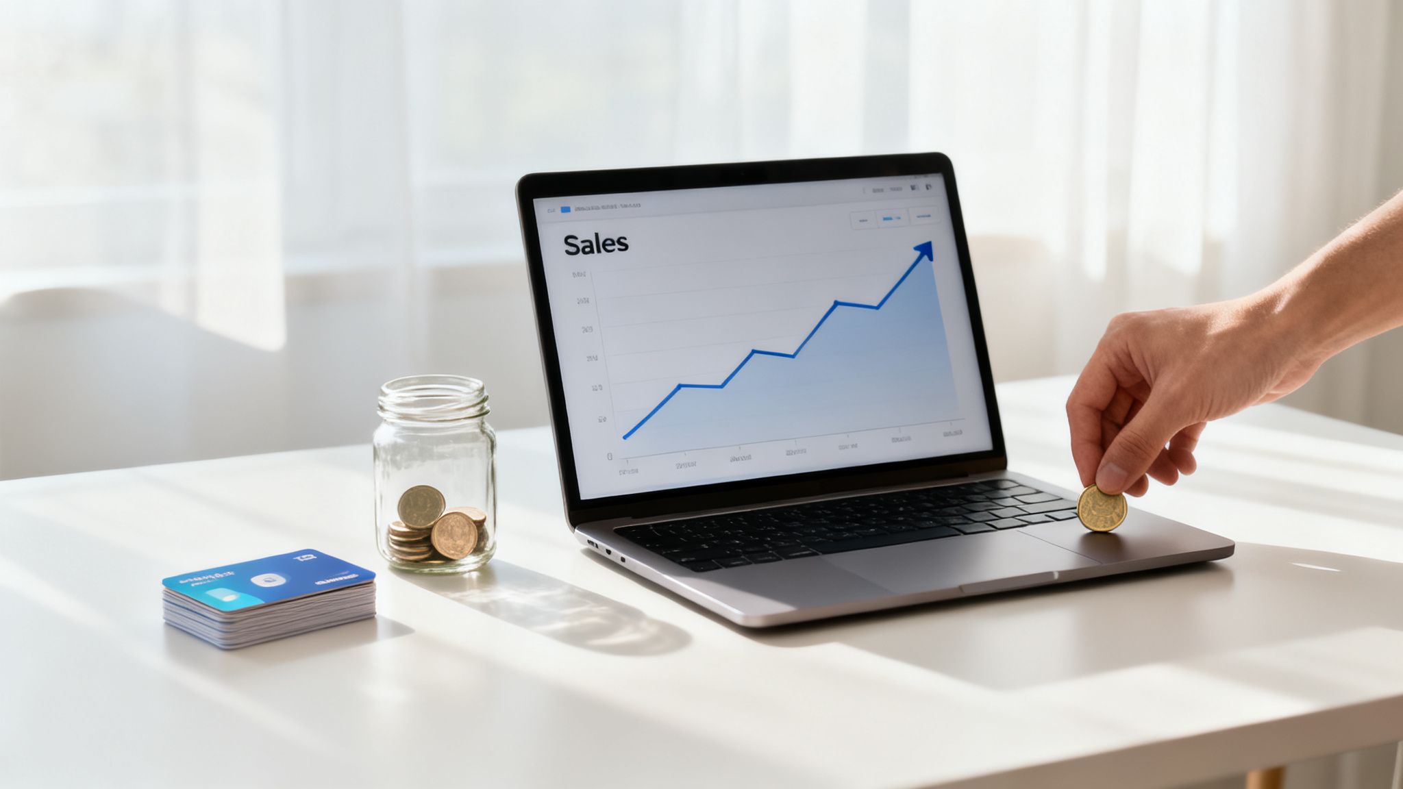 A hand places a coin on a laptop displaying a sales growth graph, next to a money jar and cards.