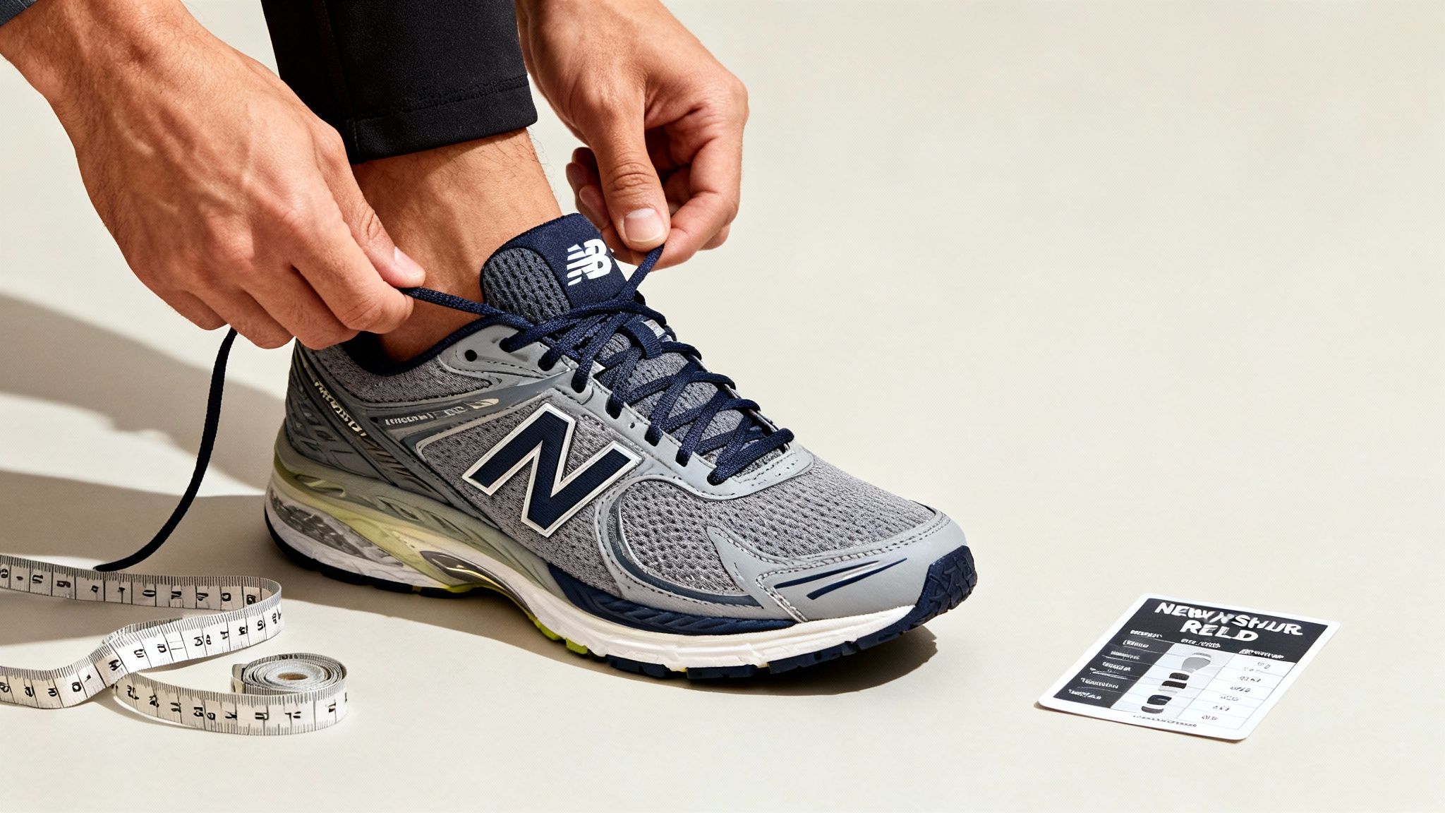 A person tying the dark blue laces of a grey and navy New Balance running shoe.