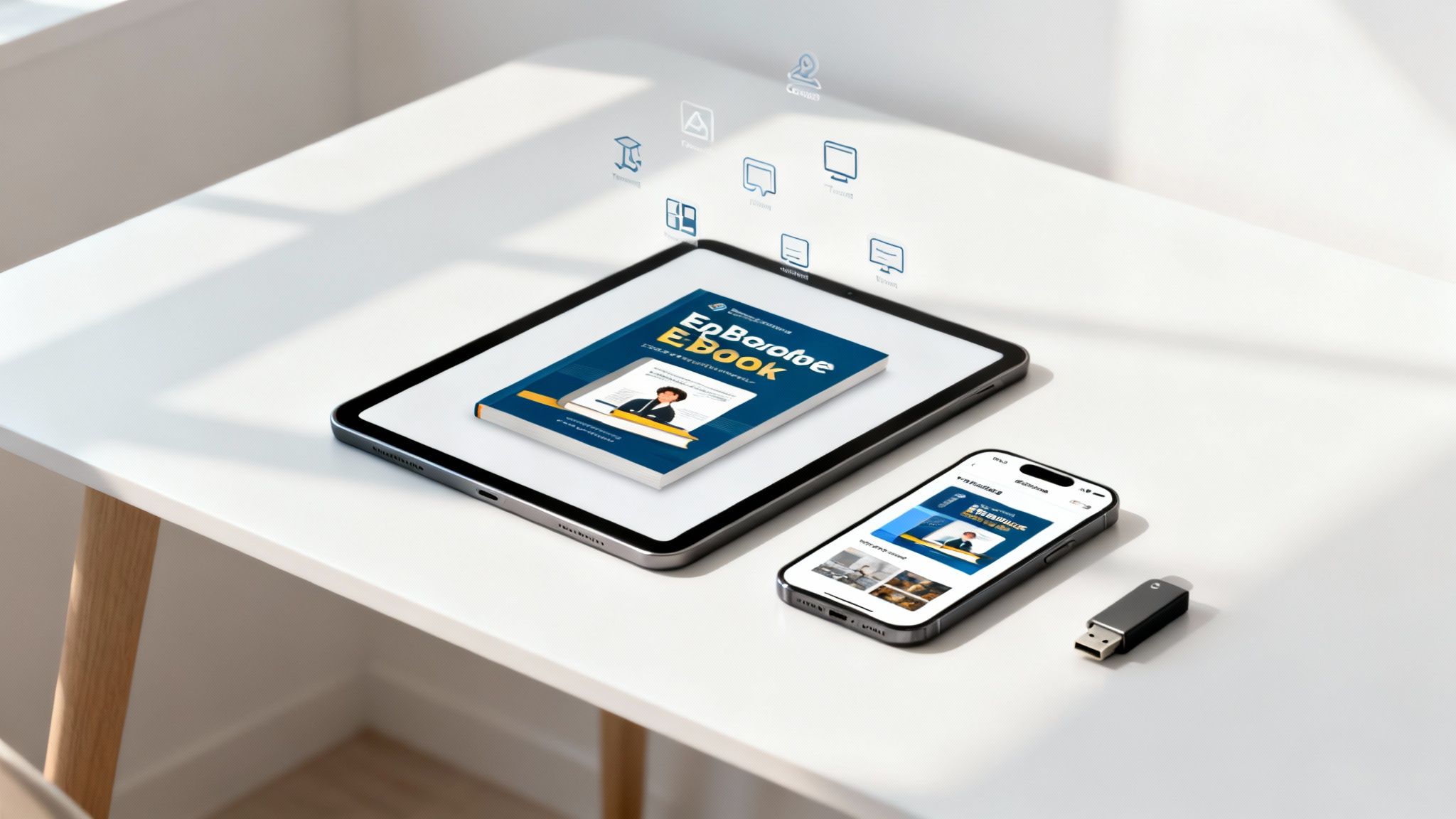 A tablet and smartphone display an e-book on a white table, with digital content icons floating above.