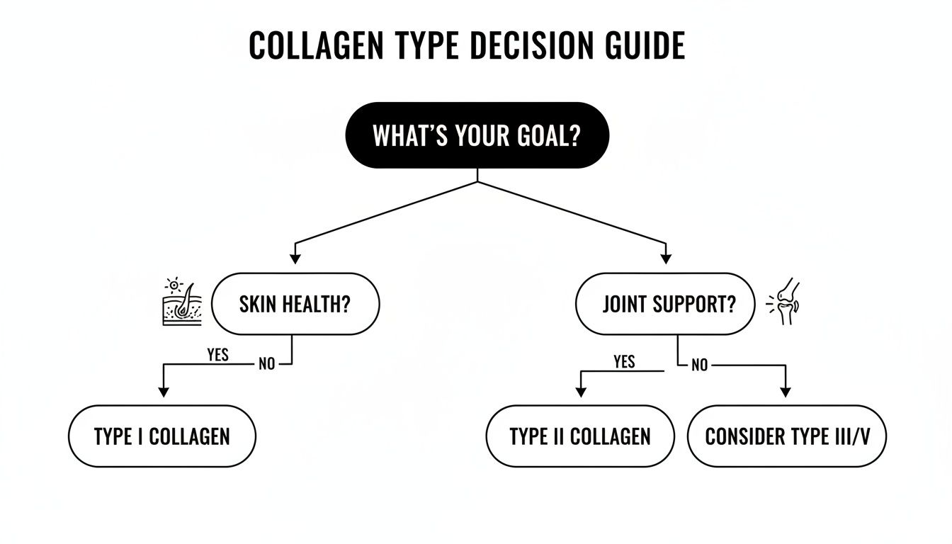 Decision guide flowchart to choose collagen types based on goals like skin health or joint support.