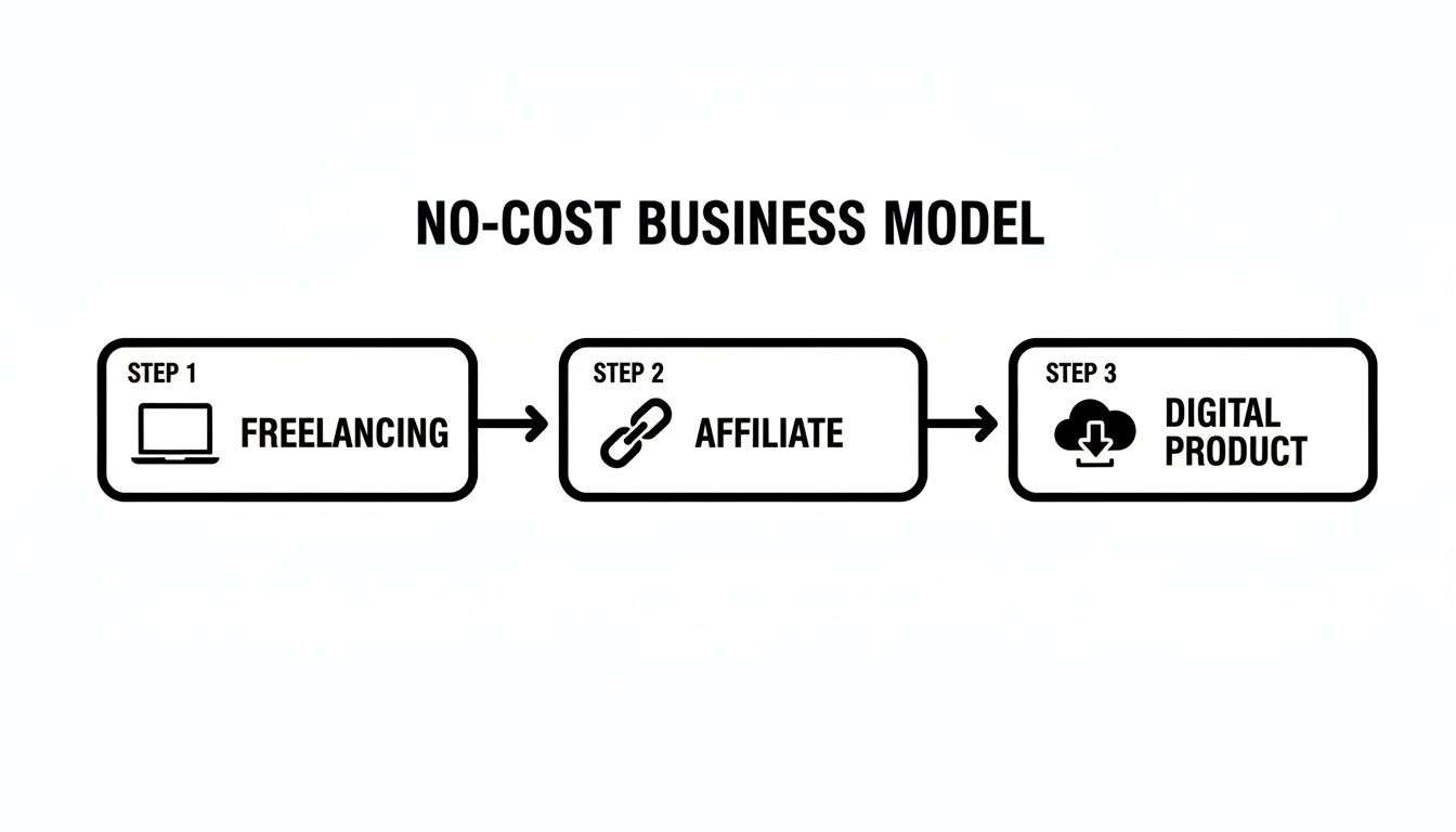 Flowchart detailing a no-cost business model progressing from freelancing to affiliate and digital products.